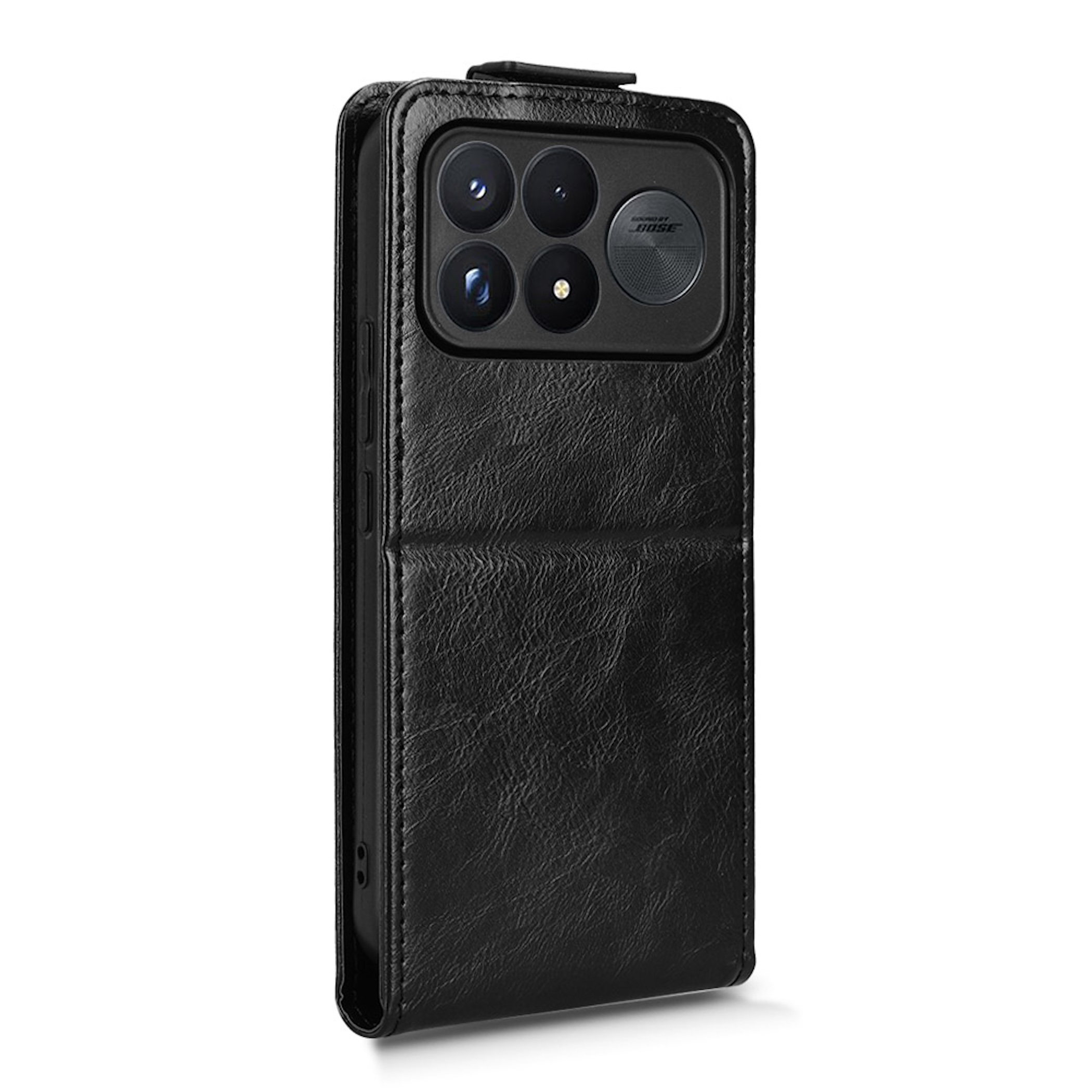 Ein schwarzes Leder-Smartphone-Flipcase zeigt die Rückseite mit vier Kameras und einem runden Bose-Logo.
