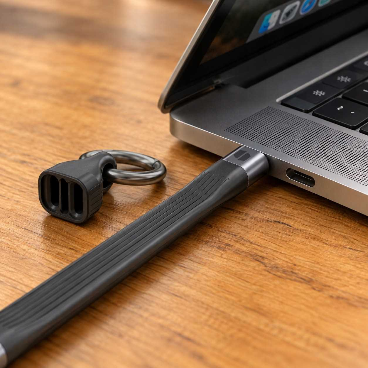 Szary kabel ładujący jest podłączony do laptopa, obok znajduje się czarny uchwyt na zatyczkę.