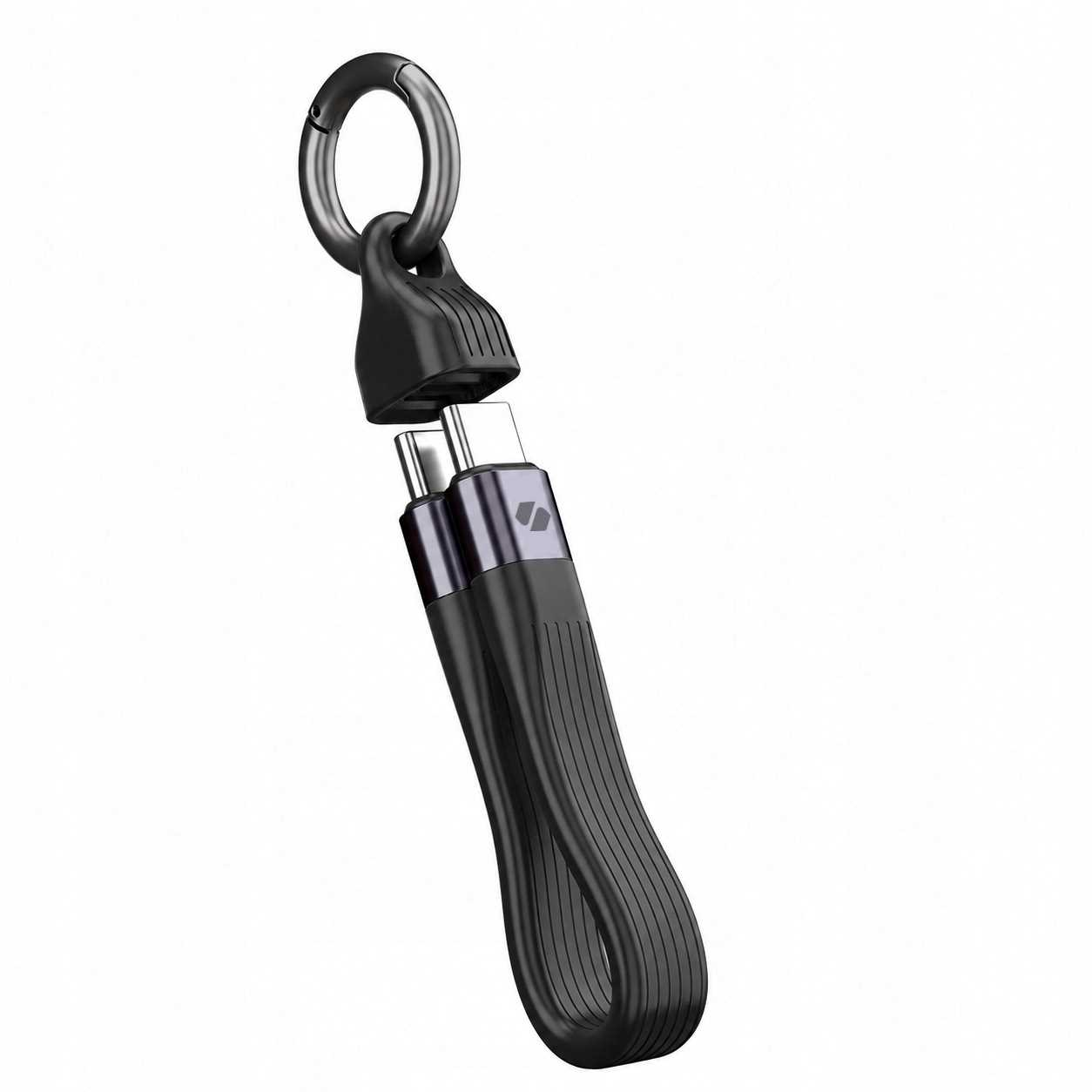 Czarny kabel ładujący ze zintegrowanym złączem USB-C i karabińczykiem.