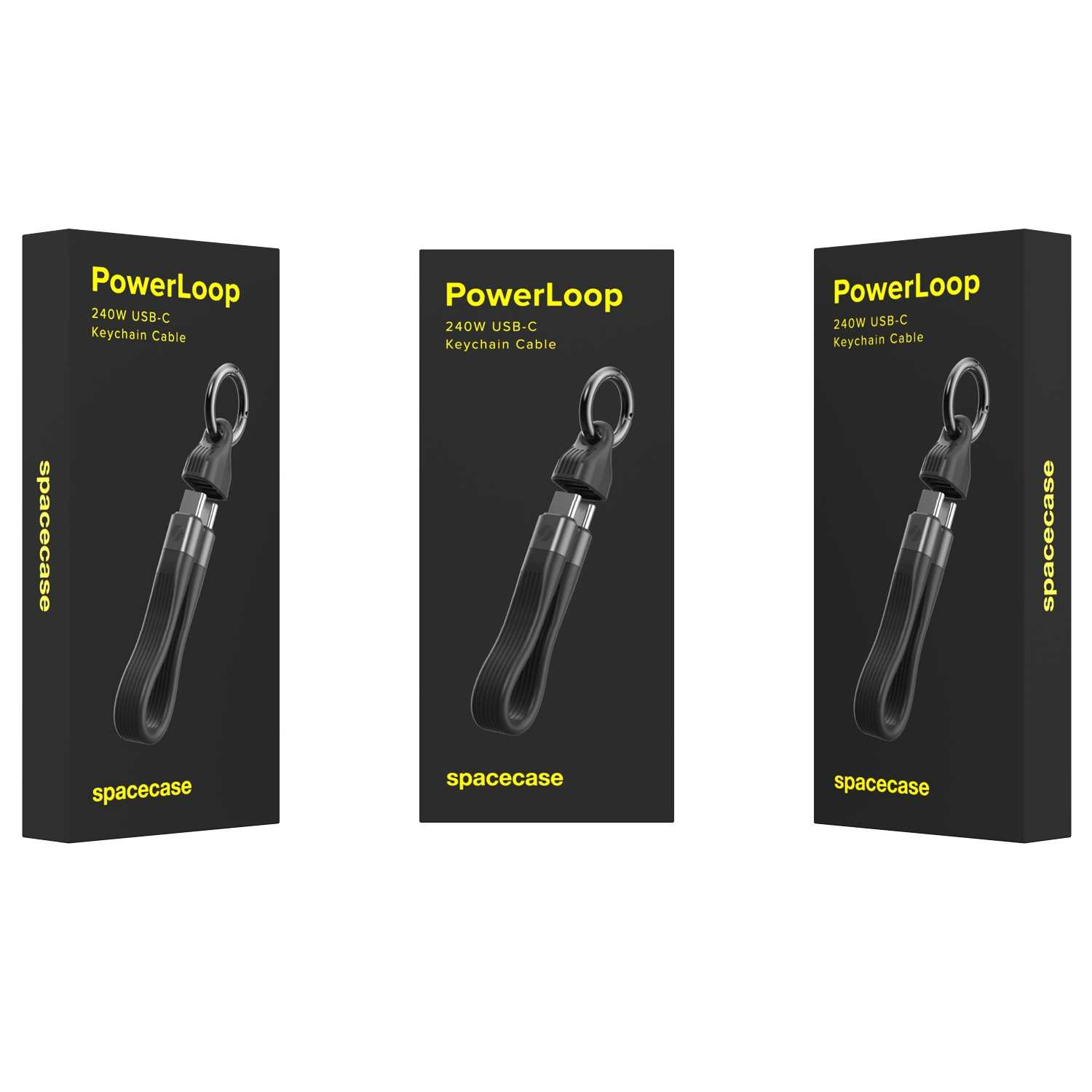 Trzy czarne pudełka na kable do breloczków USB-C PowerLoop 240W z żółtym tekstem.