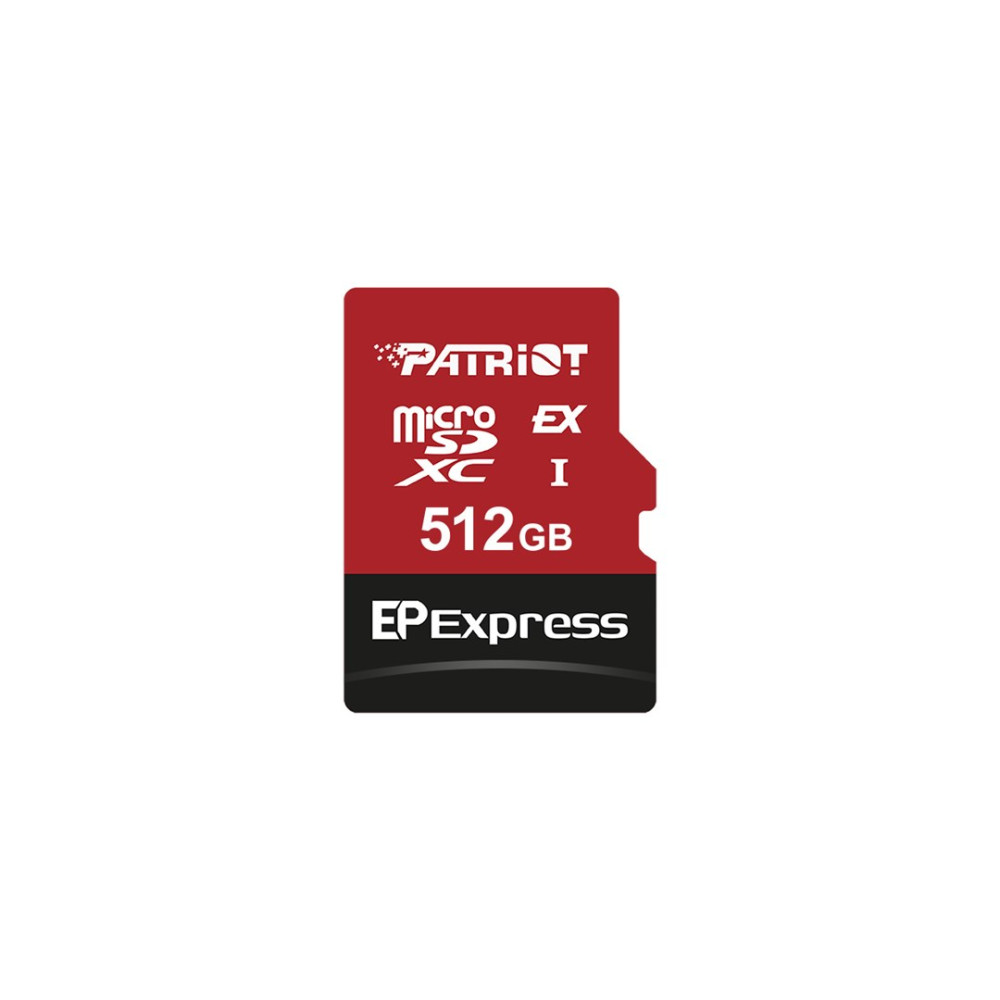 Czerwono-czarna karta pamięci Patriot 512GB MicroSDXC na białym tle.
