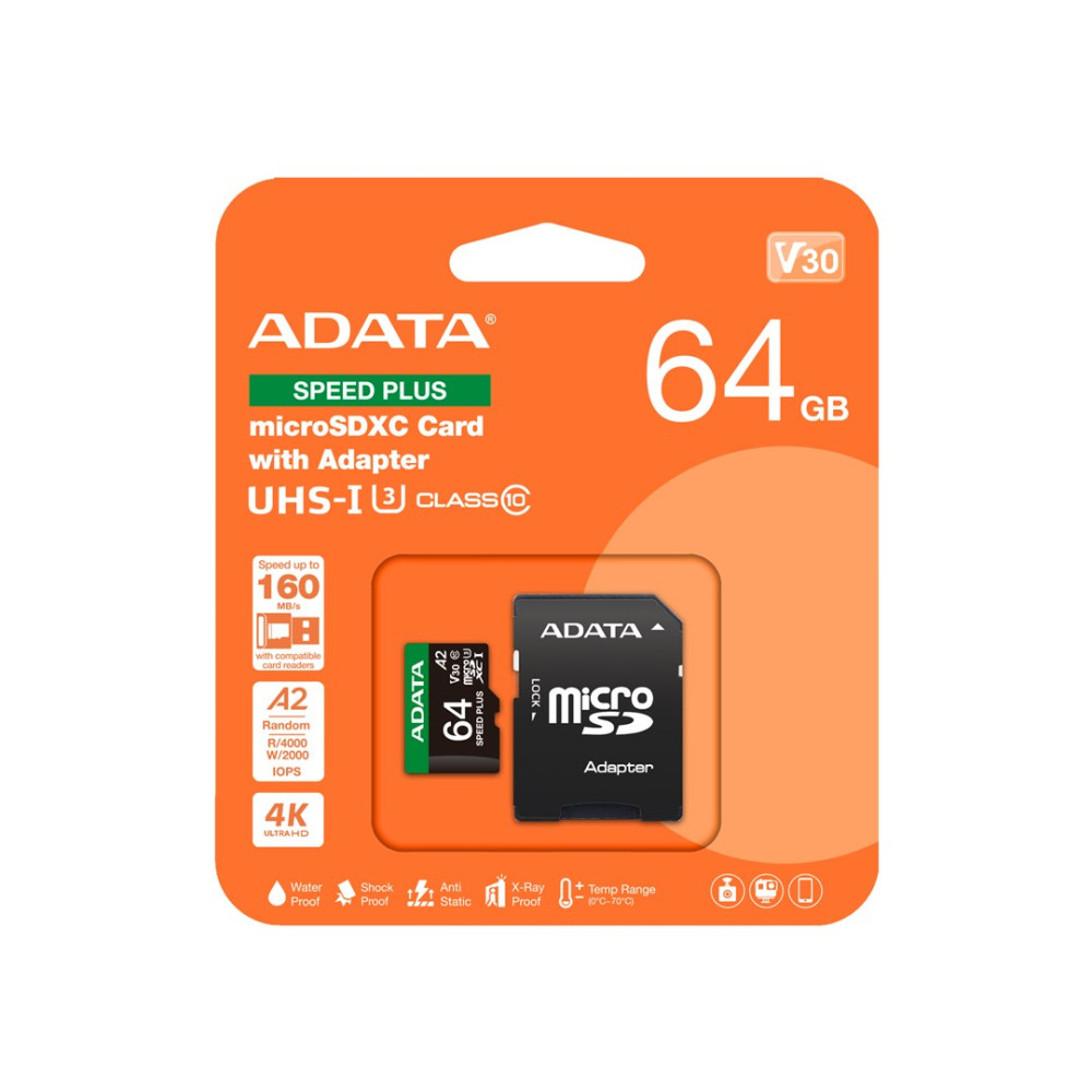 Opakowanie karty pamięci microSDXC ADATA 64 GB z adapterem, UHS-I, Klasa 10 na pomarańczowym tle.