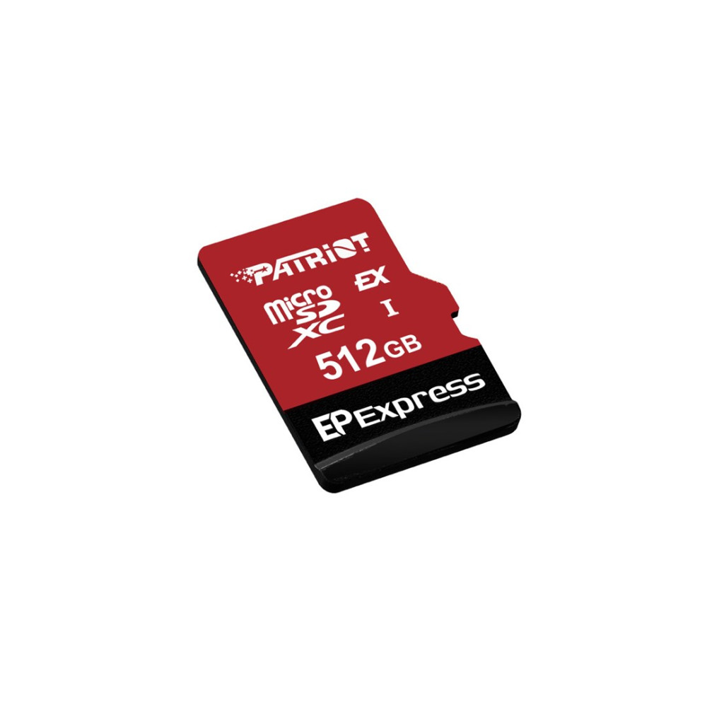 Czerwono-czarna karta pamięci Patriot 512GB MicroSDXC na białym tle.