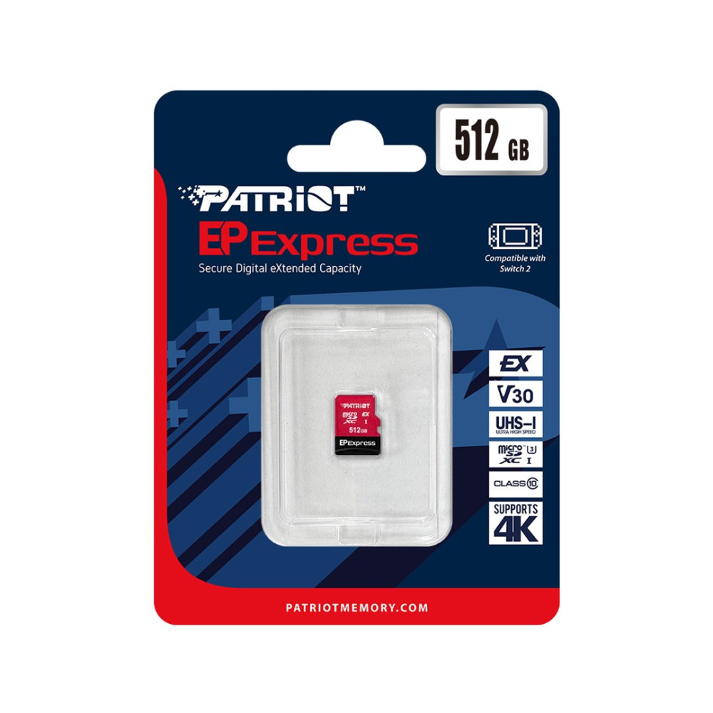 Karta pamięci microSDXC Patriot EP Express 512 GB w opakowaniu.