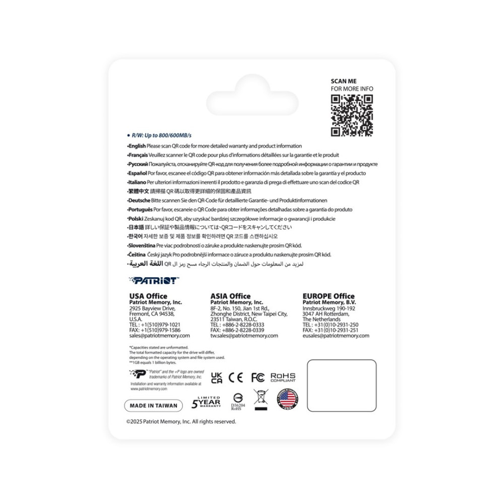 Tył opakowania produktu z kodem QR, danymi firmy i logotypami certyfikatów na białym tle.
