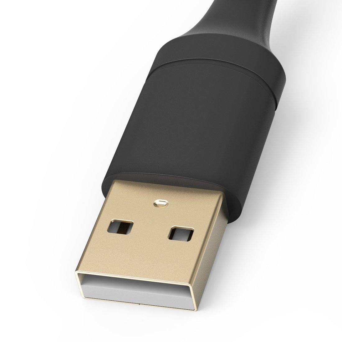 Złote złącze USB-A z czarnym kablem na białym tle.