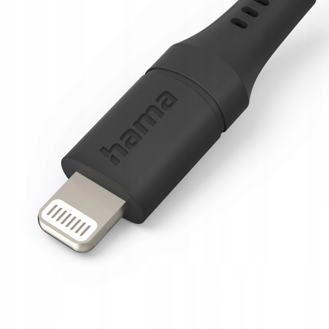 Czarny kabel ładujący Hama ze srebrnym złączem Lightning na białym tle.