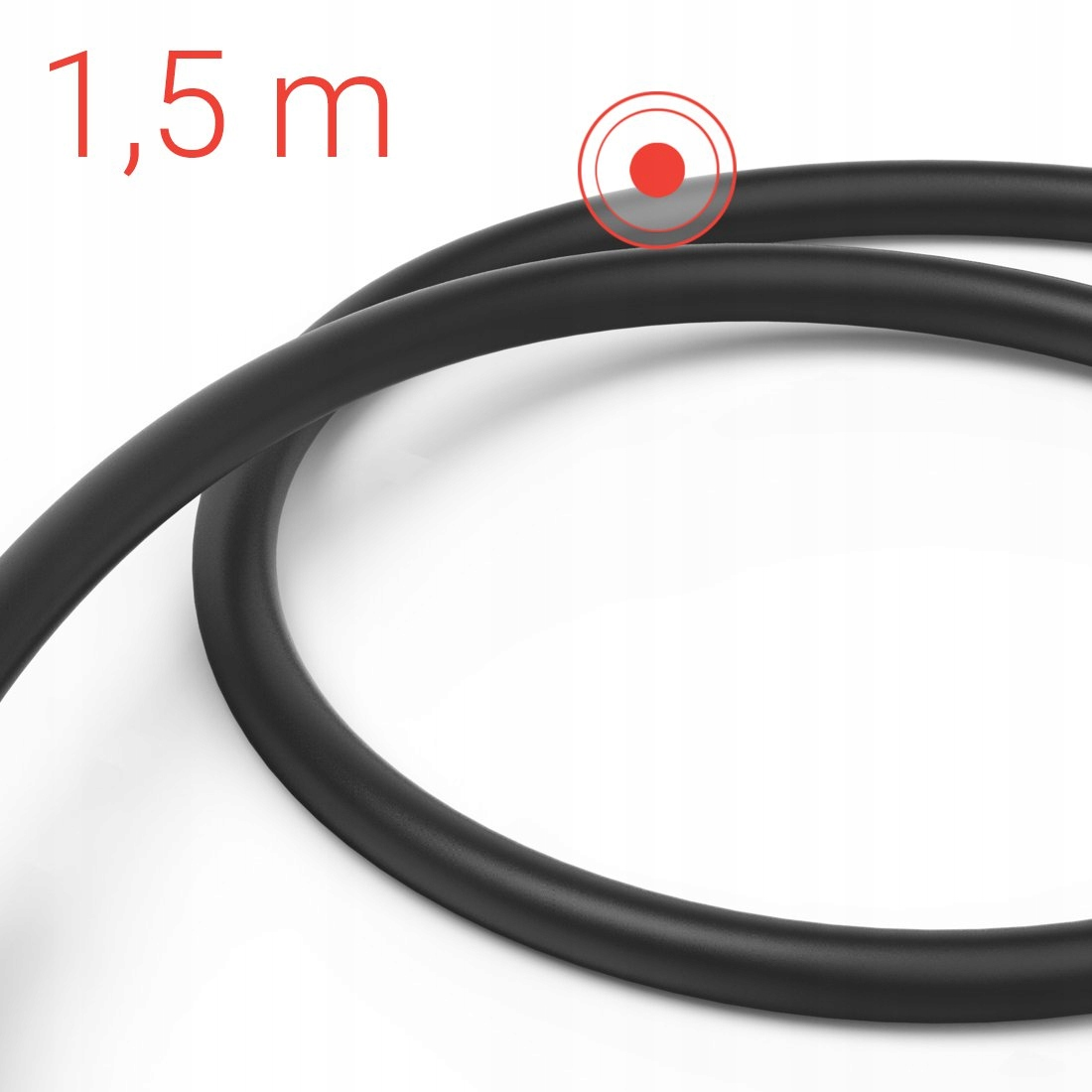 Czarny kabel o długości 1,5 metra z czerwonymi znacznikami na białym tle.