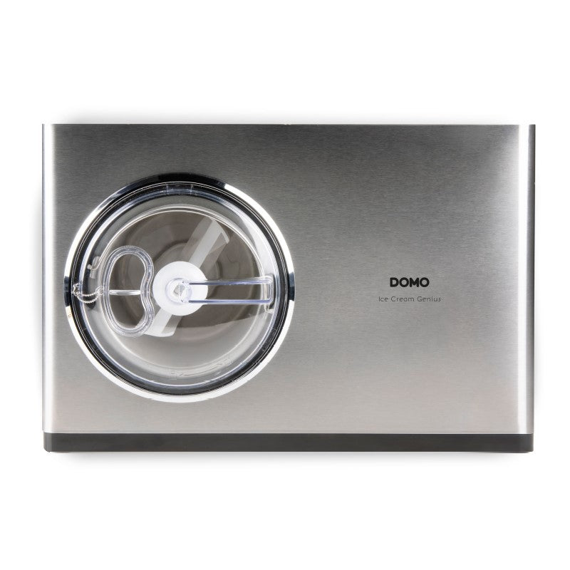 Gelatiera in acciaio inossidabile con coperchio trasparente rotondo e scritta Domo Ice Cream Genius.
