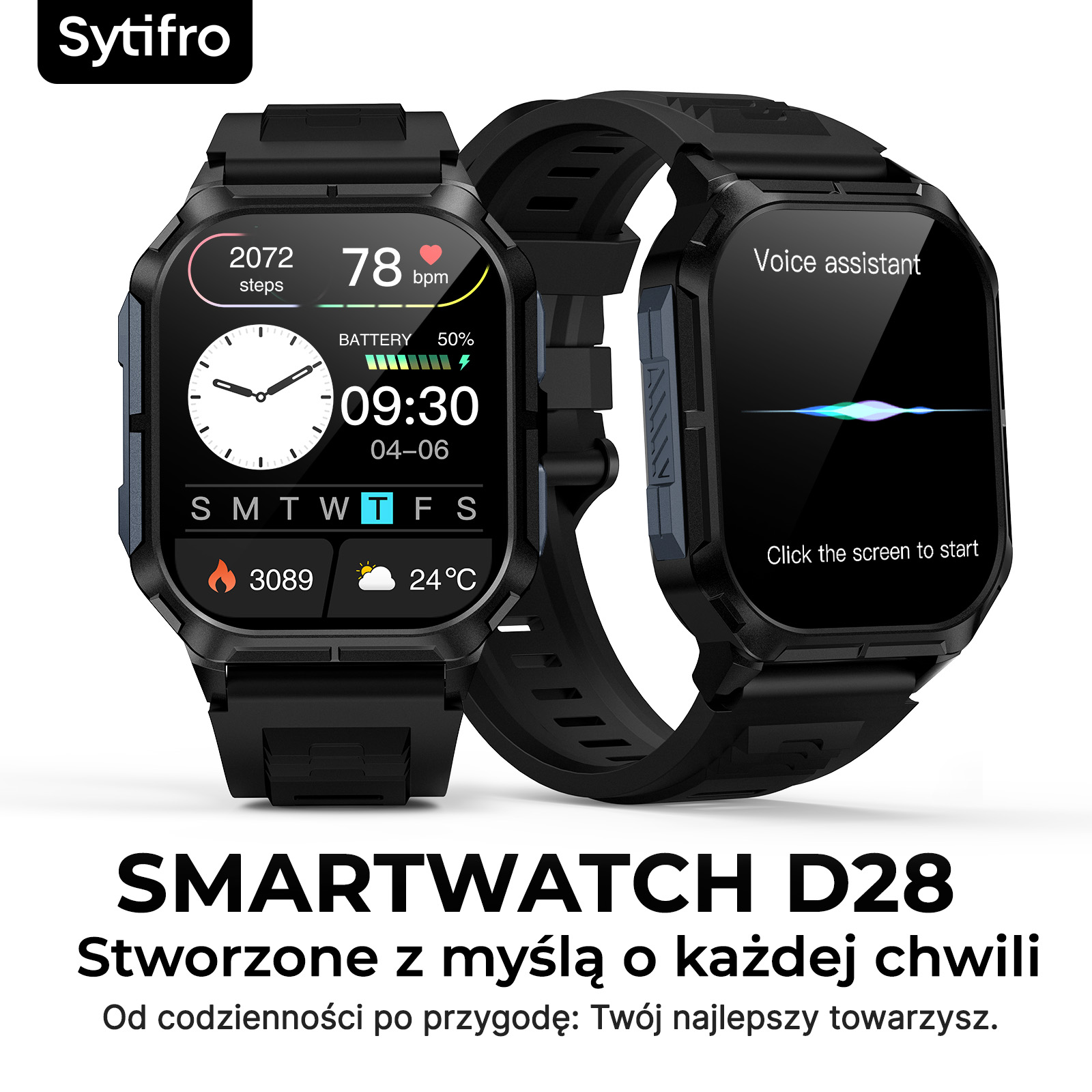 Dwa czarne smartwatch z wyświetlaczem aplikacji i asystentem głosowym na białym tle z tekstem.