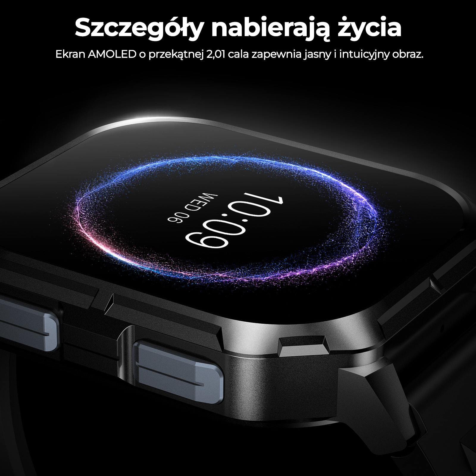 Czarny smartwatch z jasnym ekranem AMOLED, godziną i niebiesko-fioletową grafiką pierścienia na ciemnym tle.