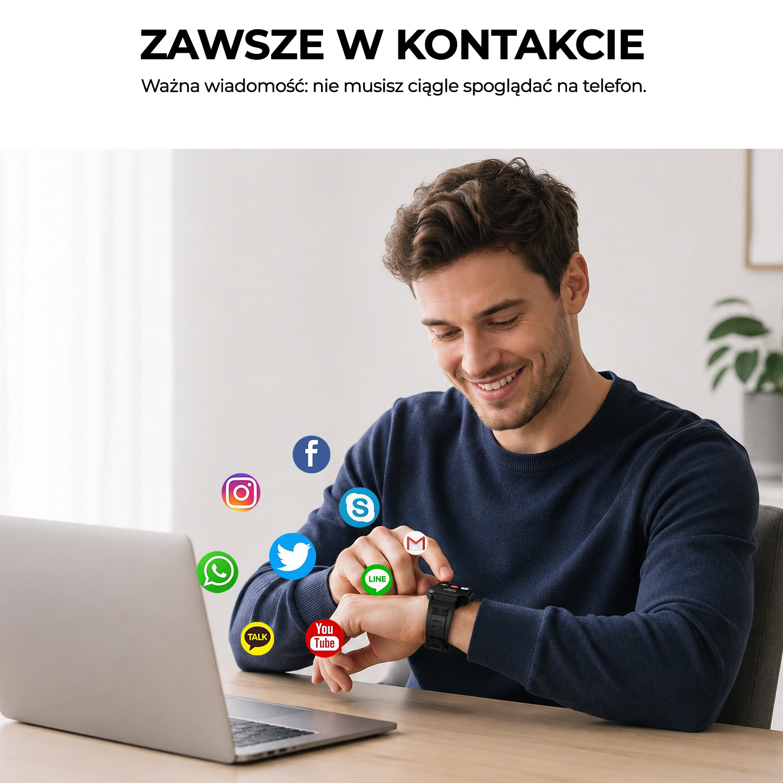 Uśmiechnięty mężczyzna przy laptopie dotyka smartwatcha, otoczony ikona mediów społecznościowych.