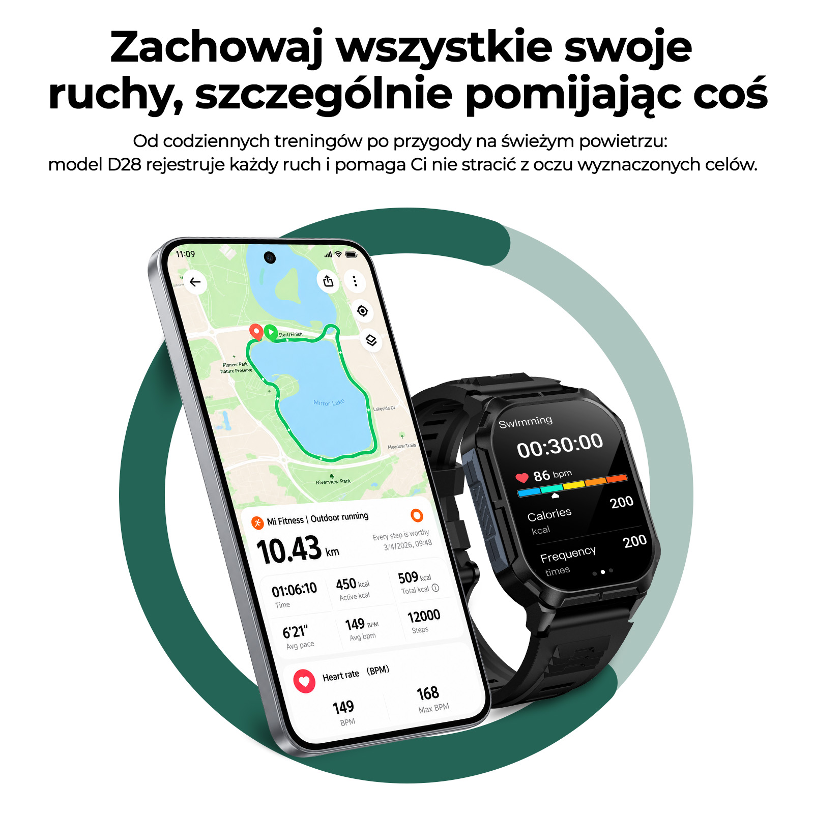 Smartfon i smartwatch wyświetlają dane fitness i mapę biegu na zielonym tle.