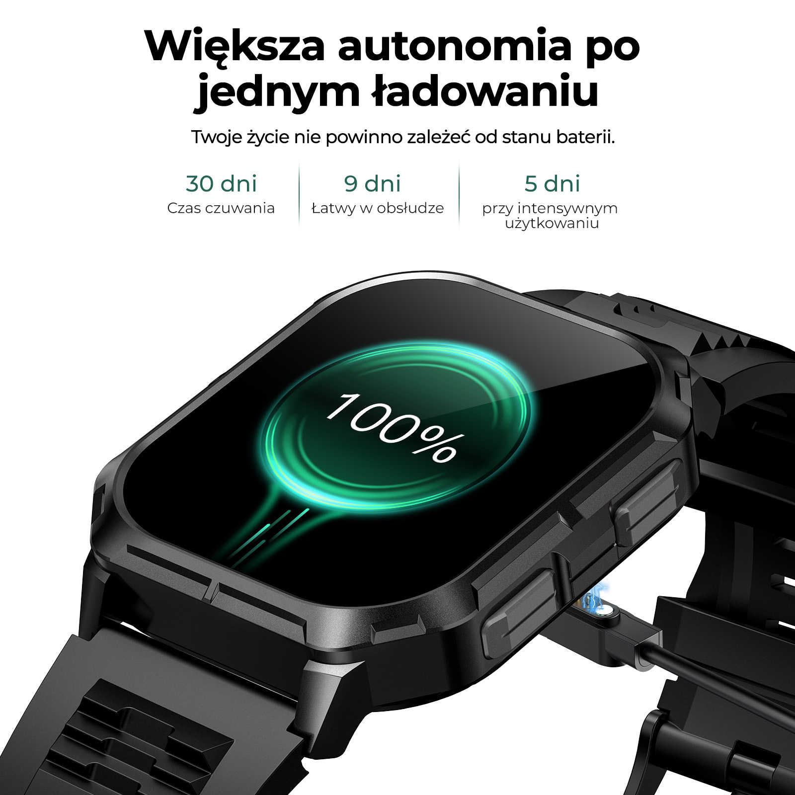 Czarny smartwatch z 100% baterią i polskim tekstem powyżej.