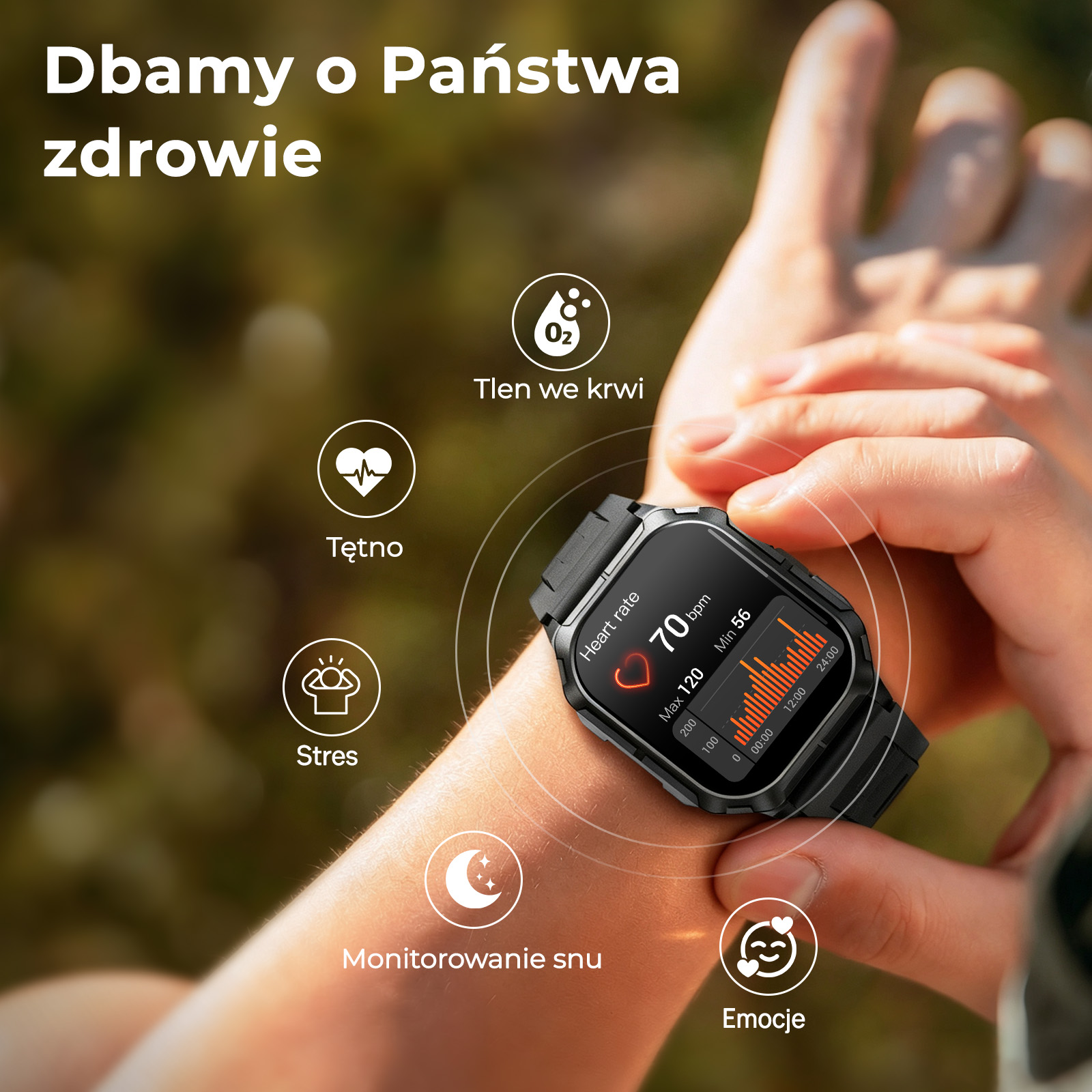 Smartwatch na nadgarstku wyświetla dane zdrowotne, takie jak tętno i stres, za pomocą ikon.