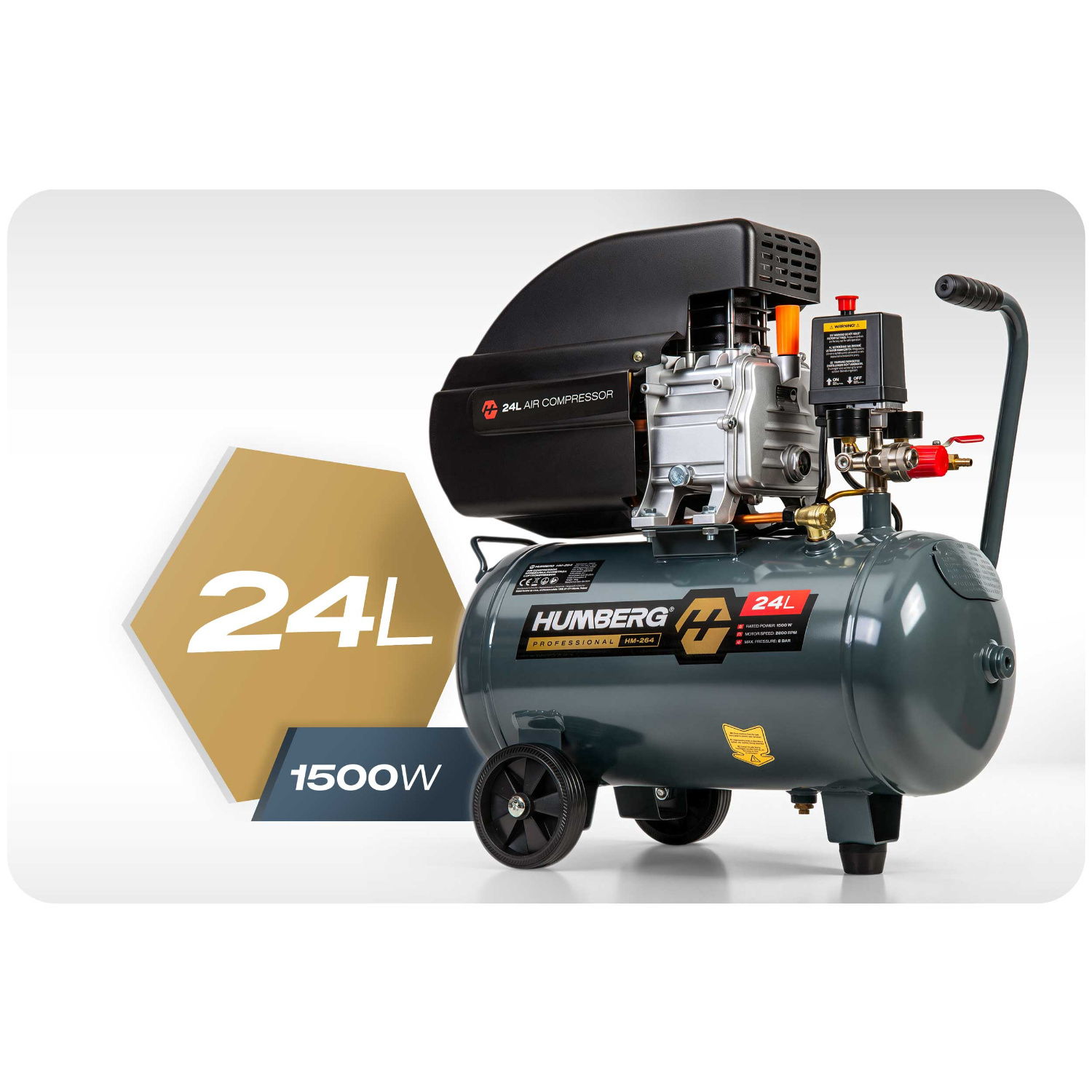 Szaro-czarny kompresor powietrza Humberg 24L o mocy 1500W na kołach.