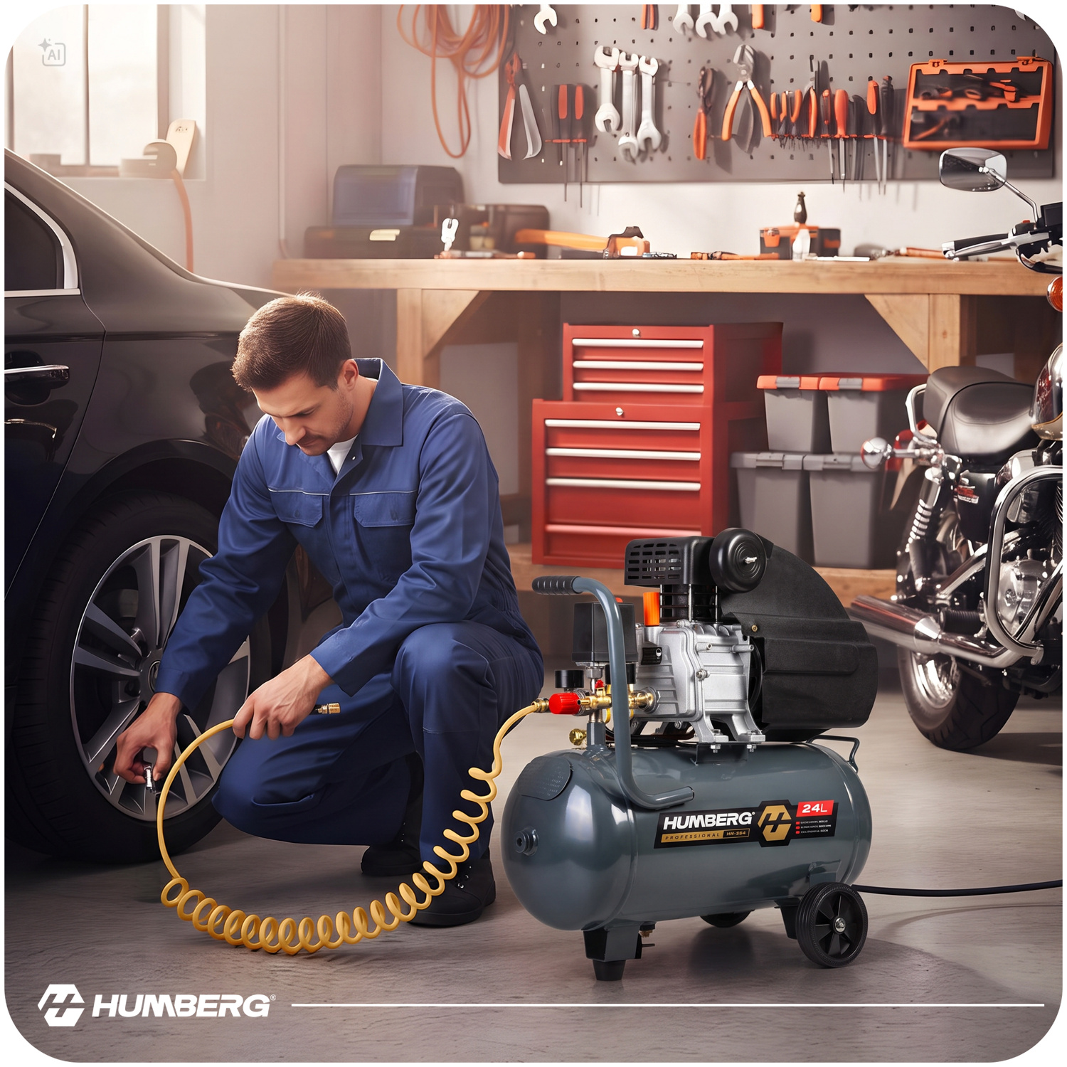 Mechanik w niebieskim kombinezonie pompuje koło samochodu za pomocą żółtego węża od kompresora.