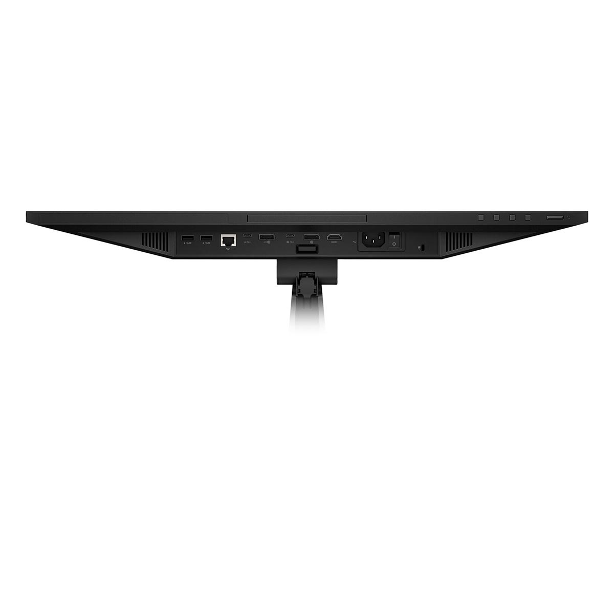 Widok z tyłu czarnego monitora z różnymi portami, takimi jak USB, Ethernet i HDMI.