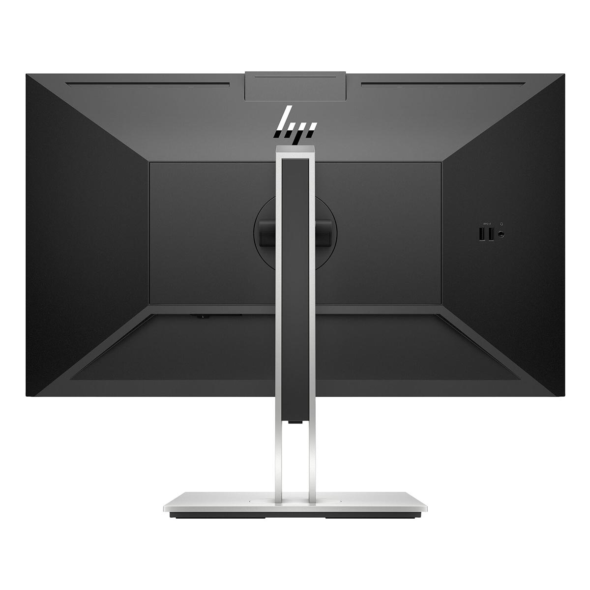Widok z tyłu czarnego monitora HP ze srebrną podstawą i portami z boku.
