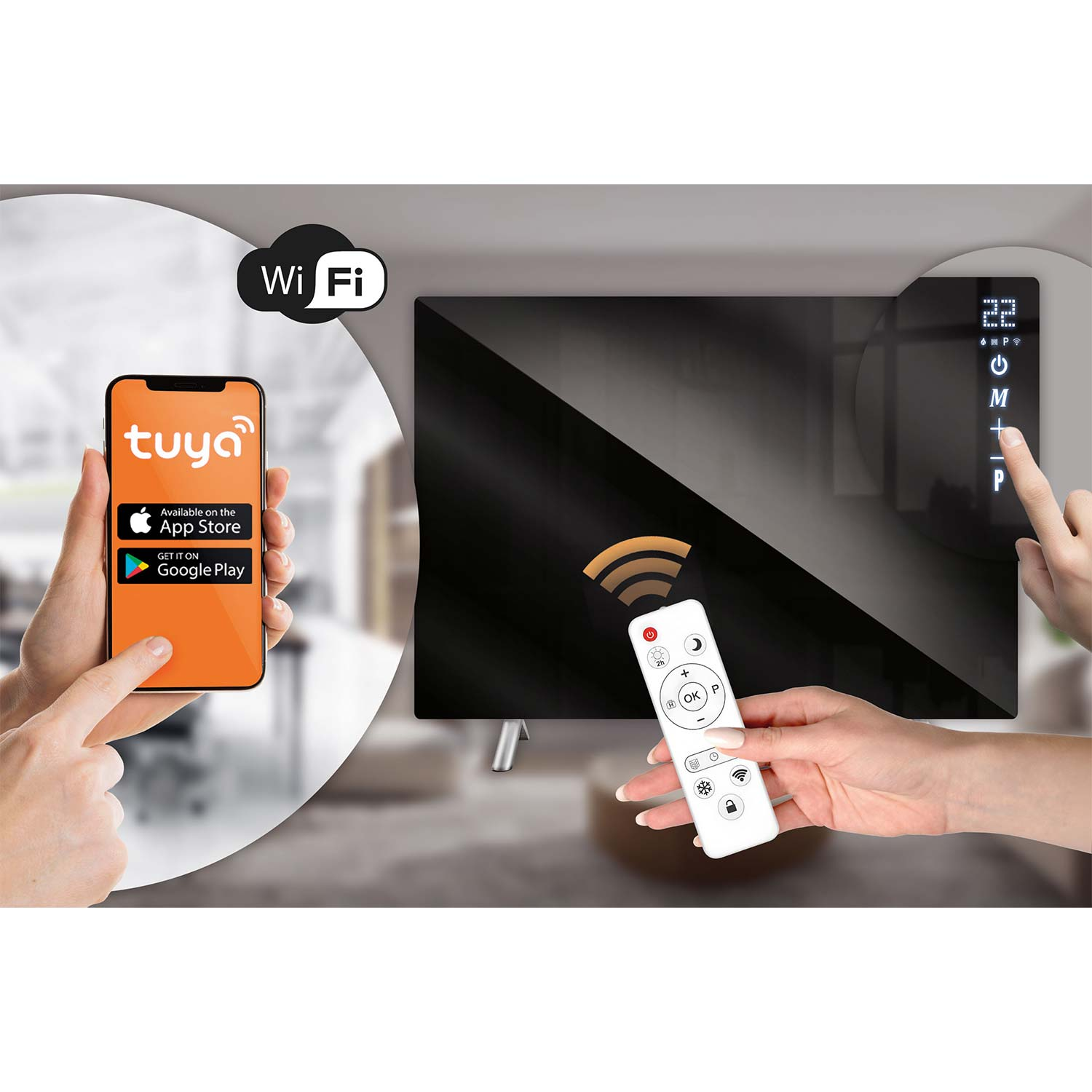 Smartfon pokazuje aplikację Tuya, biały pilot steruje czarnym grzejnikiem.