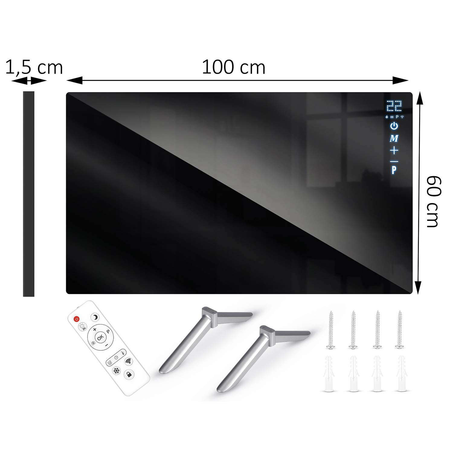 Czarny szklany grzejnik 100x60x1,5 cm z pilotem, dwiema stopkami i śrubami montażowymi.