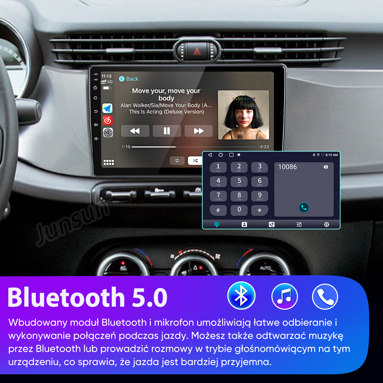 Radio samochodowe z Bluetooth 5.0, ekran muzyki i klawiatura w aucie.