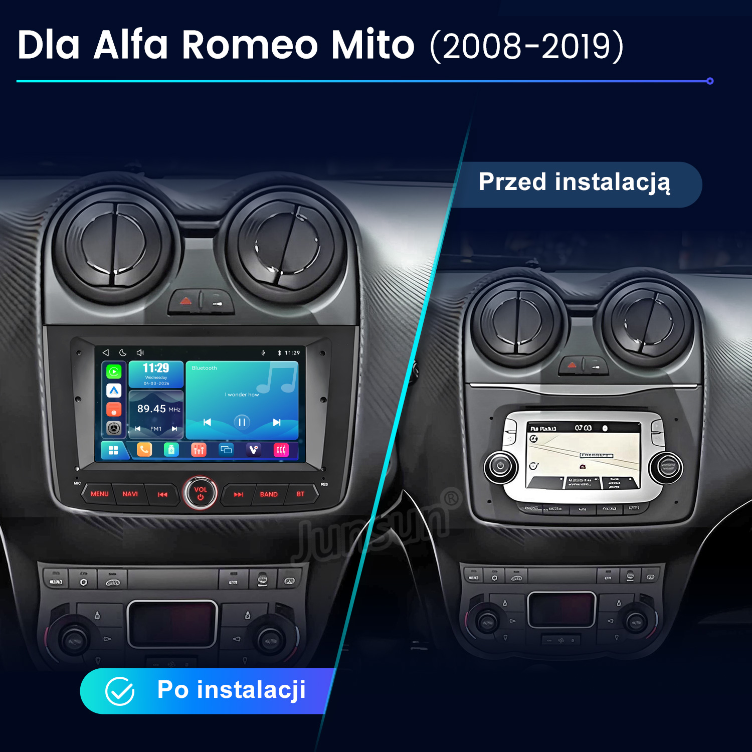 Porównanie deski rozdzielczej Alfa Romeo Mito przed i po instalacji nowego multimedialnego ekranu dotykowego.