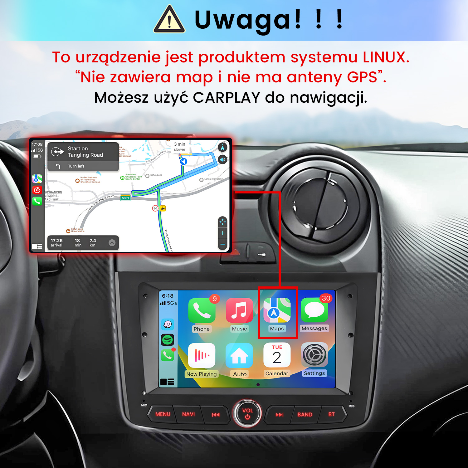 Radio samochodowe Linux z CarPlay, bez anteny GPS i map, wymaga smartfona.