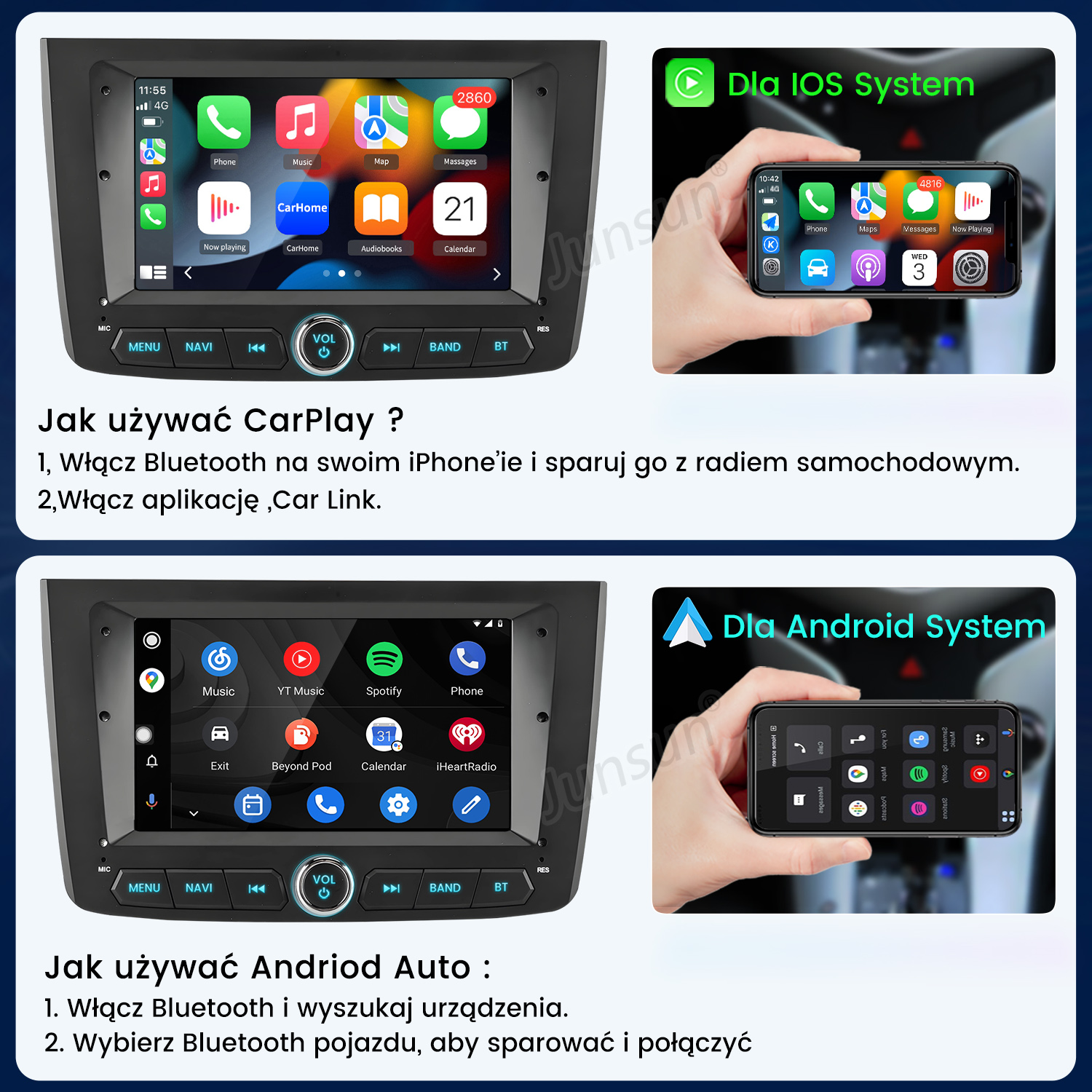 Instrukcje korzystania z CarPlay i Android Auto na radiach samochodowych z połączeniem smartfona.