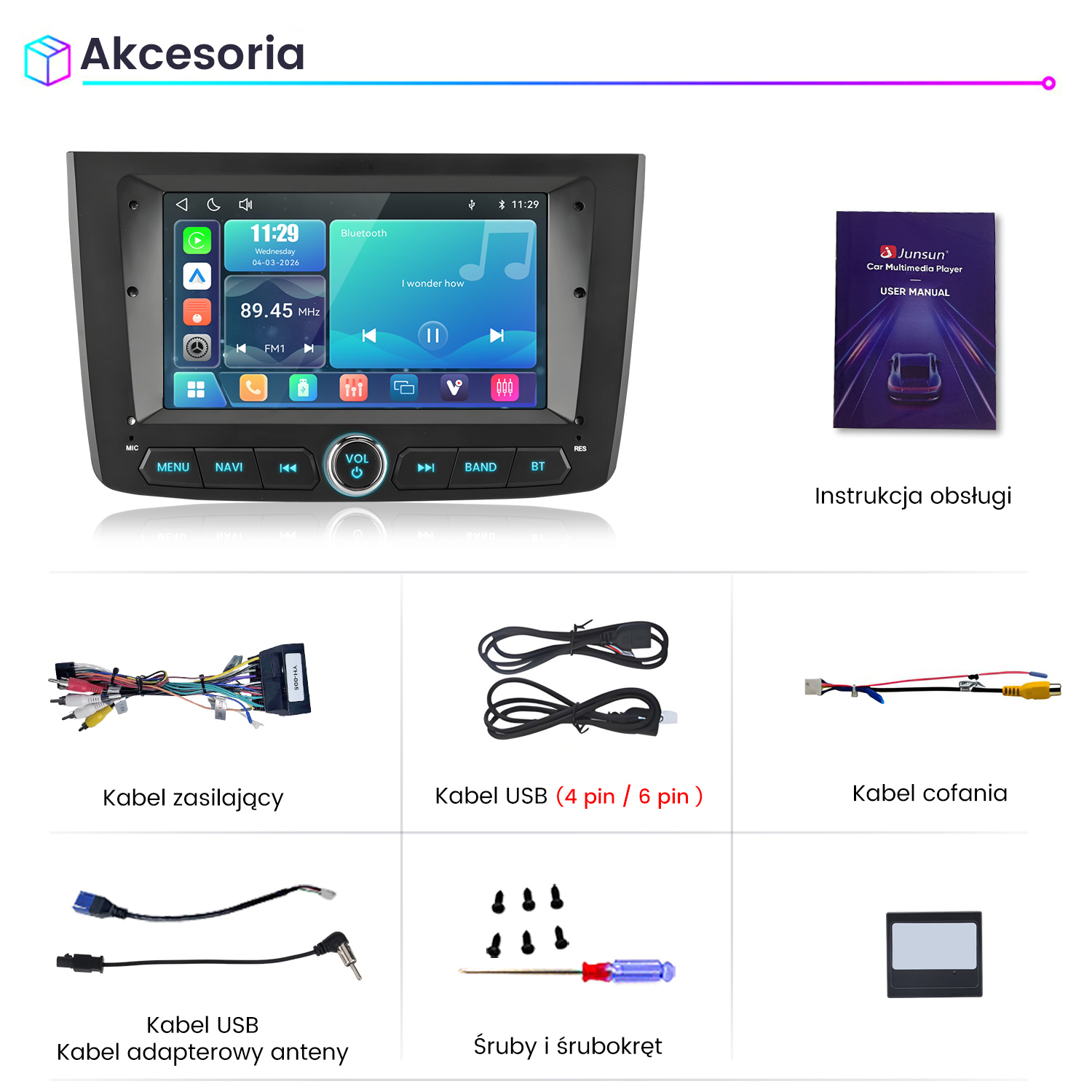 Zestaw akcesoriów samochodowych: odtwarzacza, instrukcji, kabli, USB, adaptera antenowego, śrub i narzędzi.