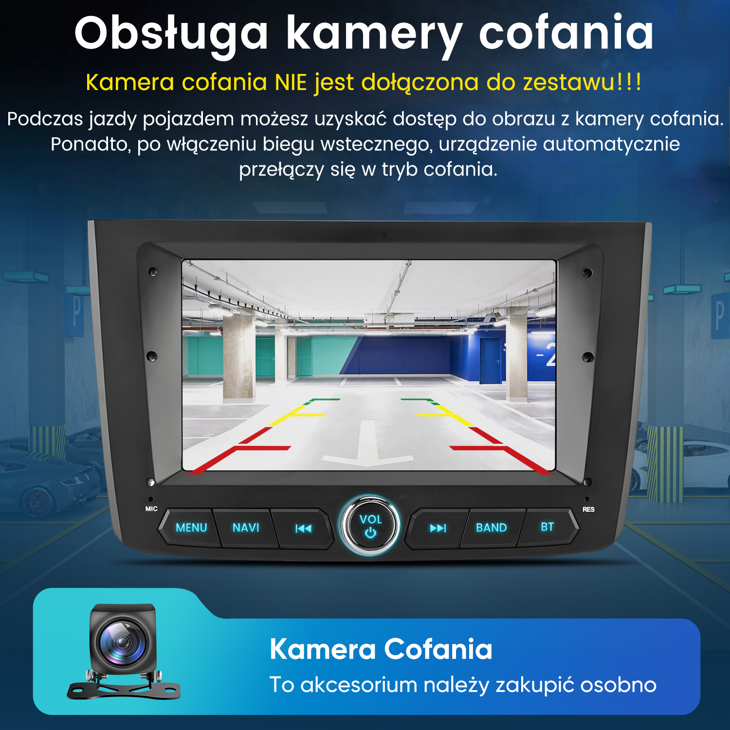 Radio samochodowe wyświetlające obraz z kamery cofania z liniami pomocniczymi na parkingu, z polskim tekstem.
