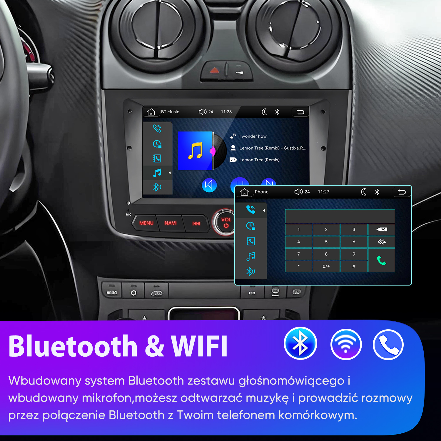 Ekran samochodowego systemu audio wyświetla interfejsy muzyczne i telefoniczne z funkcją Bluetooth i Wi-Fi.