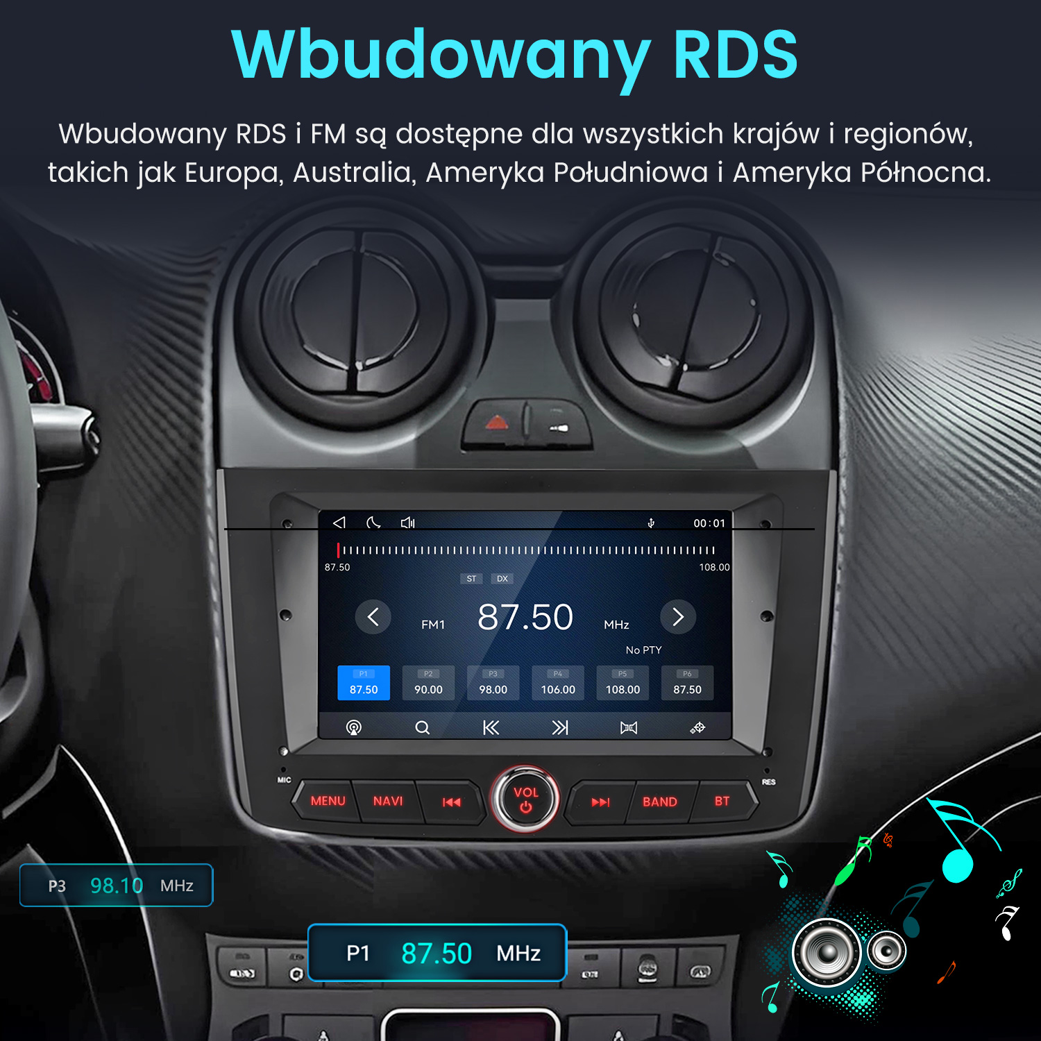 Radio samochodowe z dotykowym ekranem i tunerem FM na desce rozdzielczej.