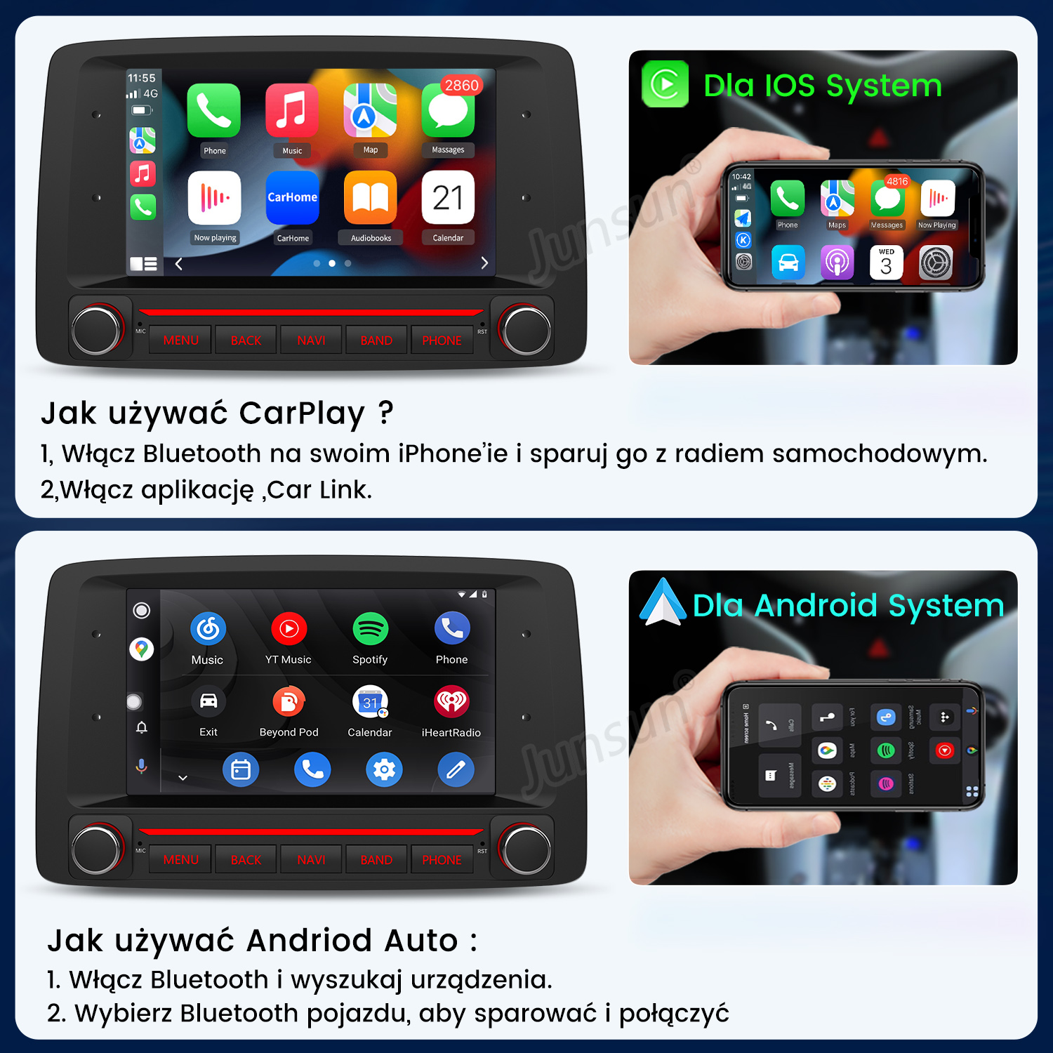 Instrukcja korzystania z CarPlay i Android Auto na ekranie radia samochodowego.