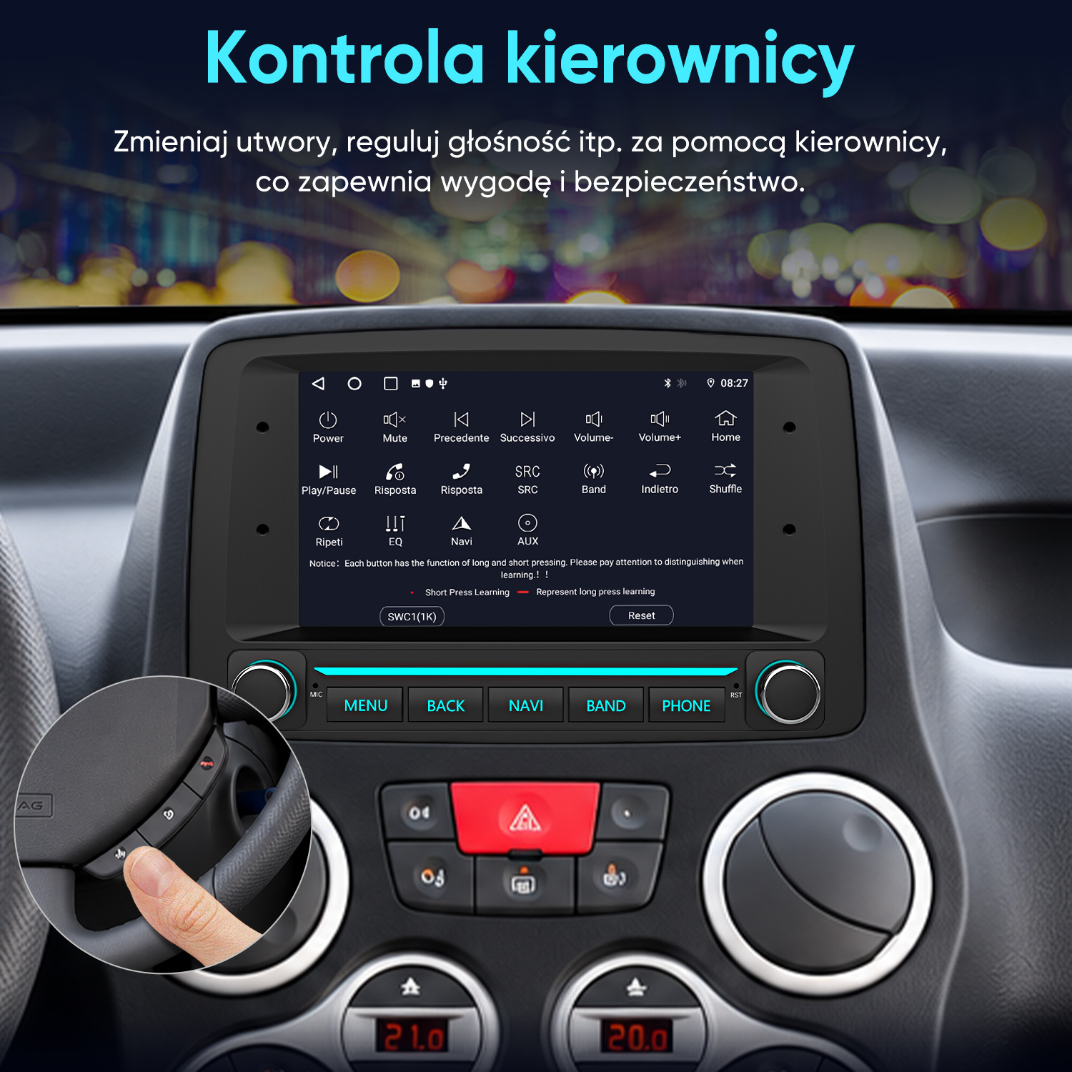 Wnętrze samochodu z ekranem dotykowym i palcem na przyciskach kierownicy.