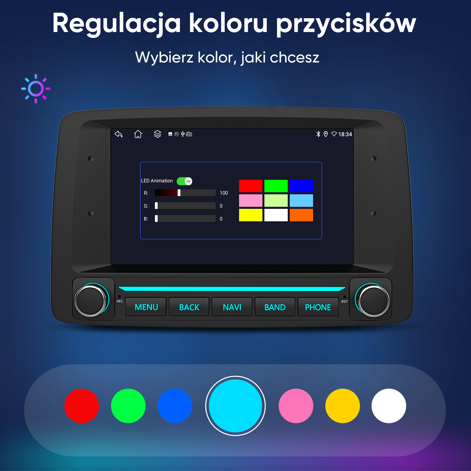 Ekran radia samochodowego z przyciskami menu i menu ustawień kolorowych diod LED.