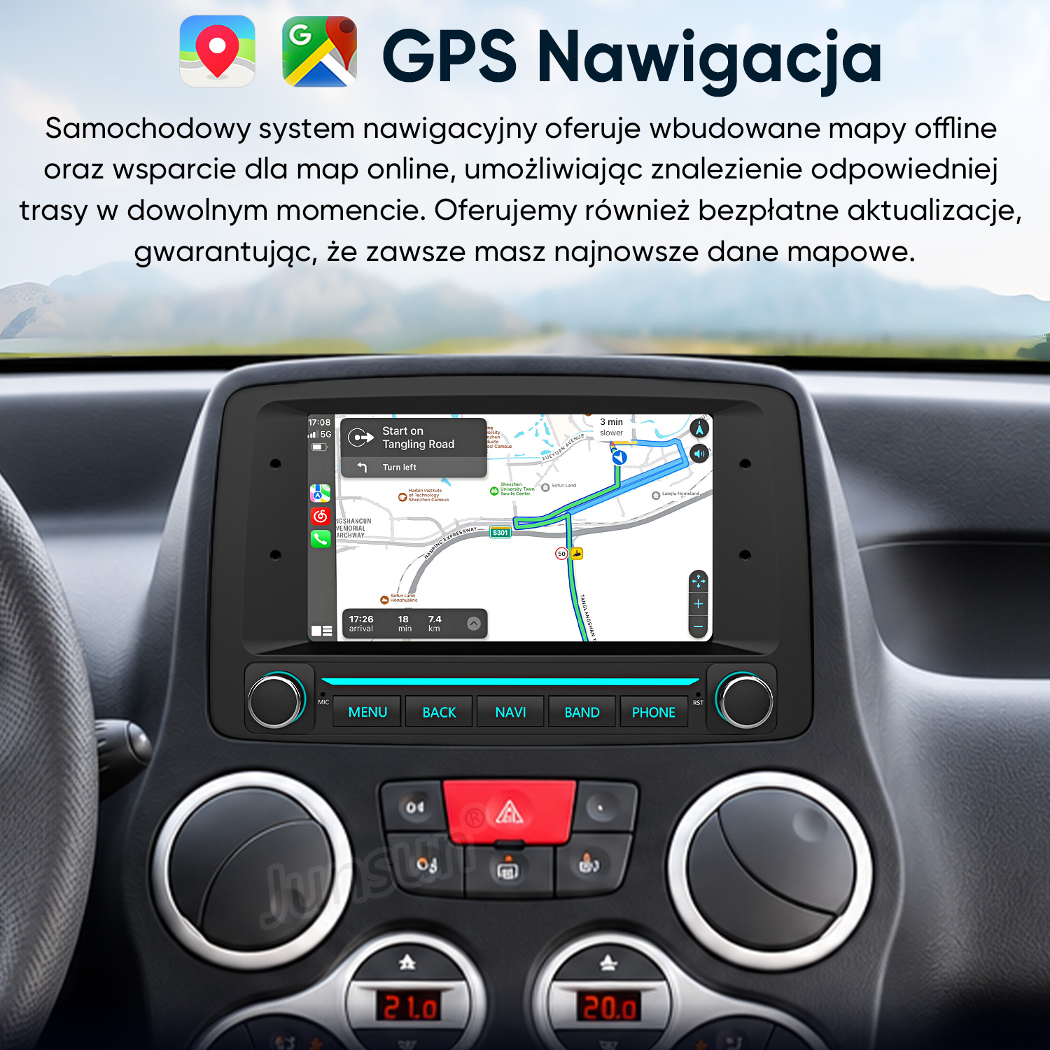 Deska rozdzielcza samochodu z cyfrowym ekranem nawigacji pokazującym mapę i trasę.