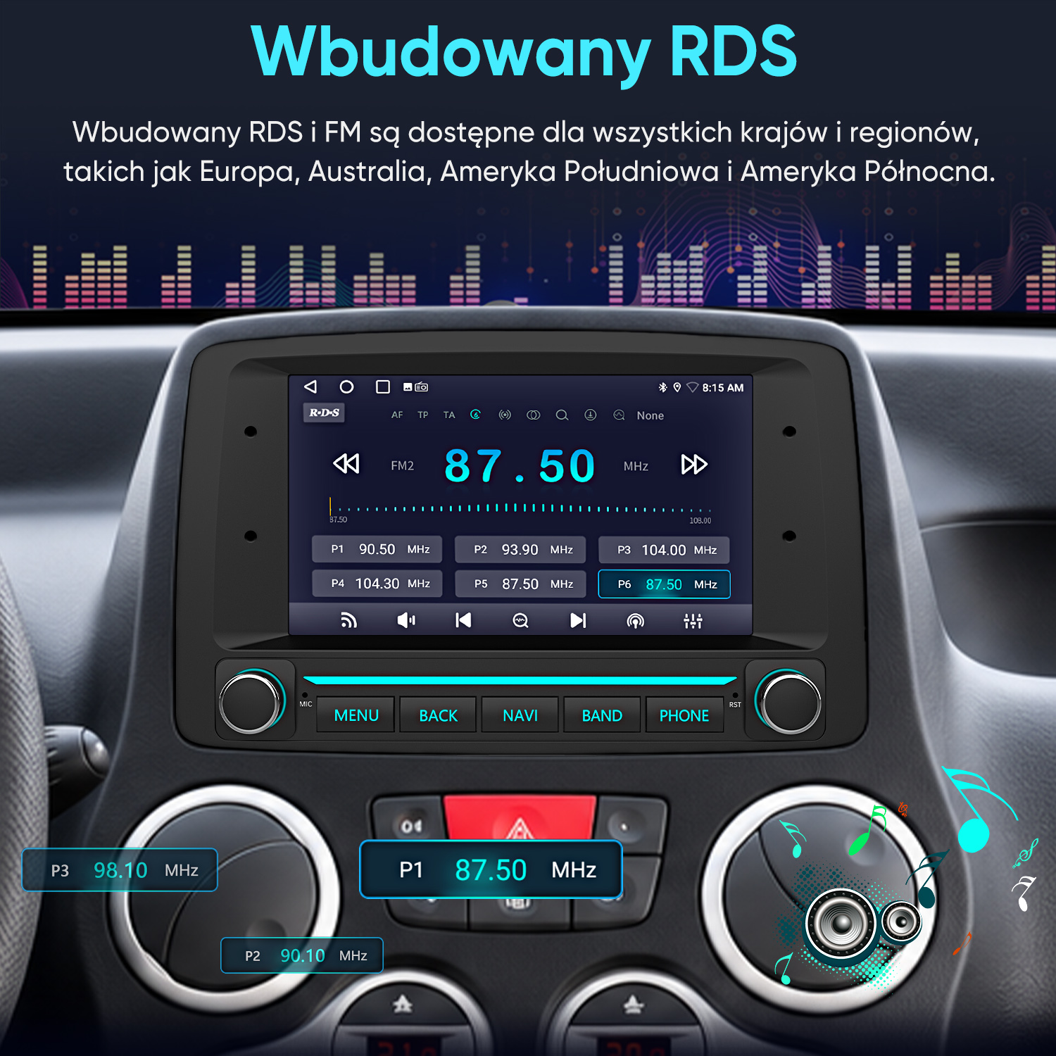 Deska rozdzielcza radia samochodowego z funkcją RDS, częstotliwością 87,50 MHz i przyciskami.