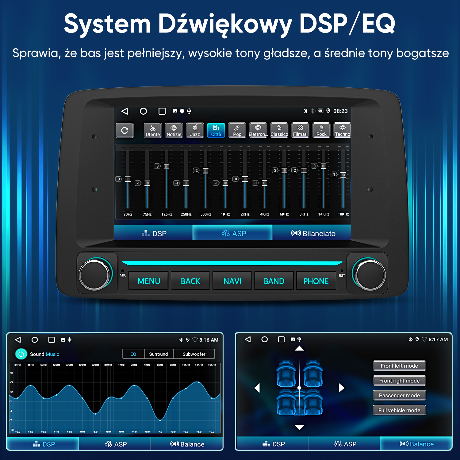 Samochodowy system audio z ekranami equalizer, fizycznymi przyciskami i niebieskim podświetleniem.