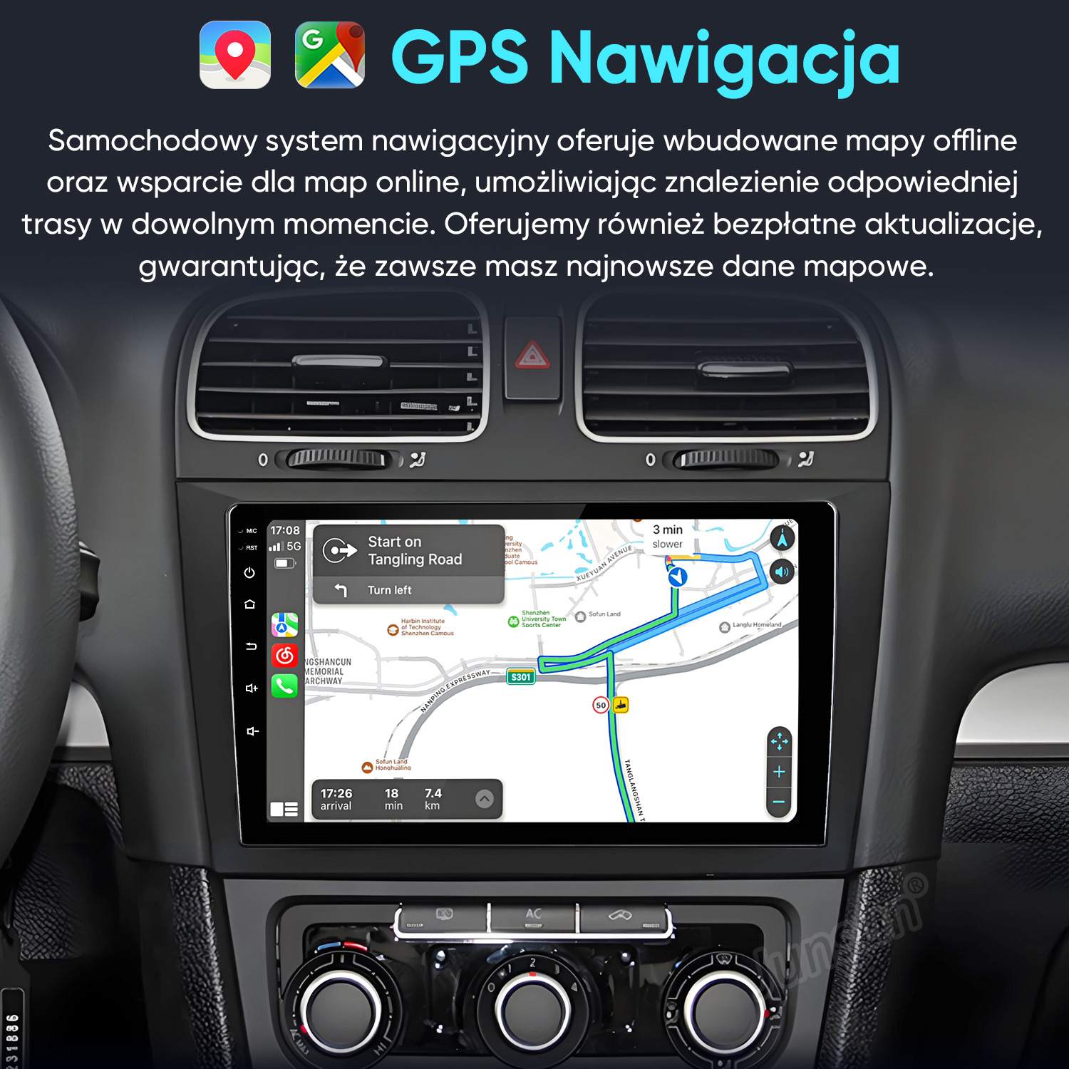 Samochodowy system nawigacji GPS wyświetlający mapę na desce rozdzielczej.
