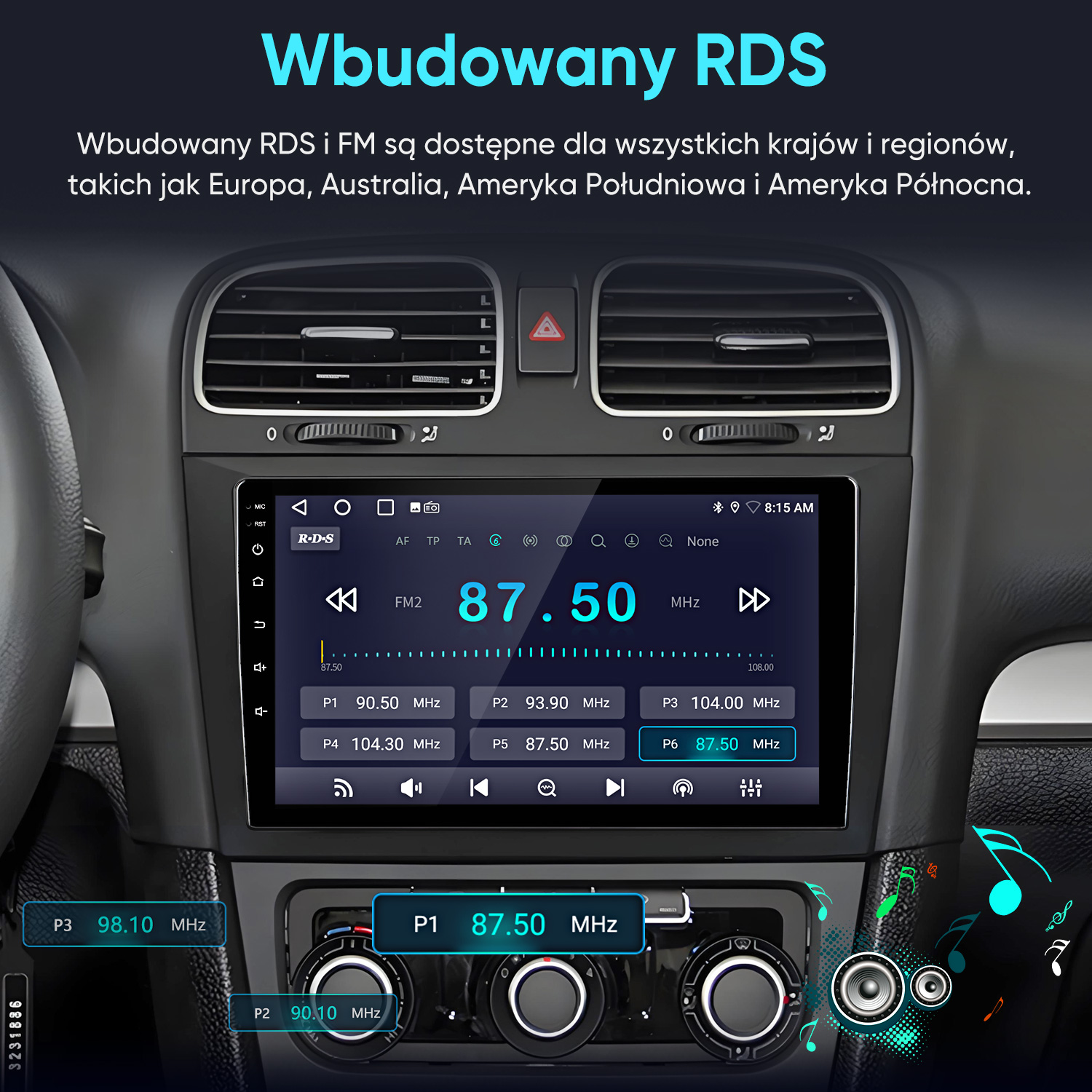 System audio w desce rozdzielczej samochodu wyświetla częstotliwość 87,50 MHz na ekranie.