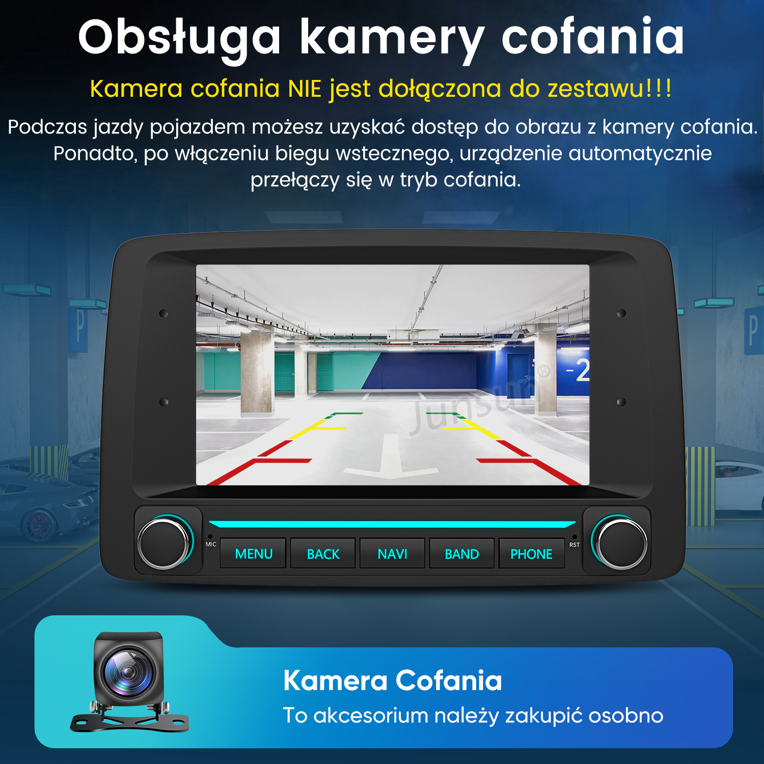 Ekran nawigacji samochodowej wyświetla widok z kamery cofania na parkingu podziemnym z kolorowymi liniami.