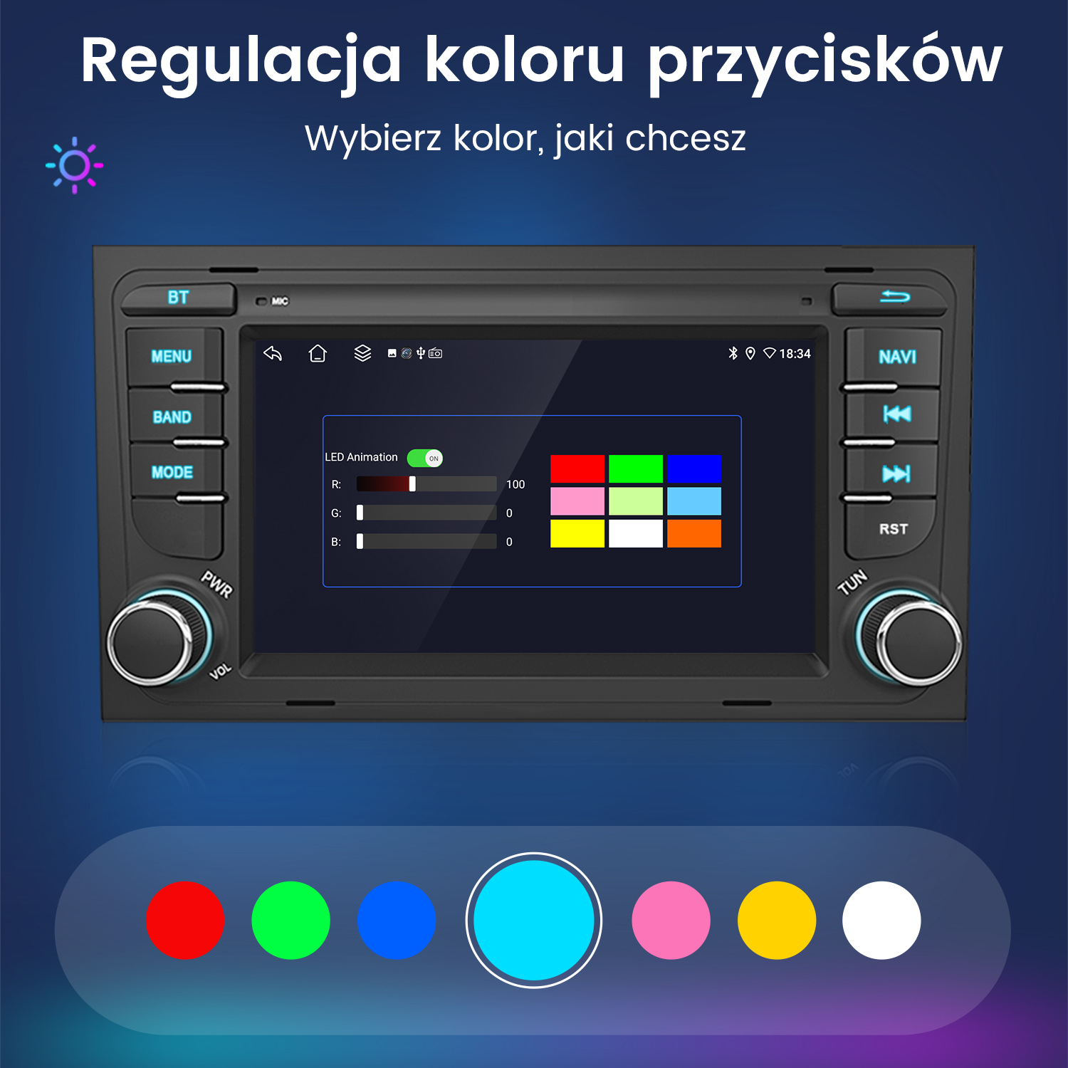 Ekran radia samochodowego z ustawieniami koloru, suwakami RGB i opcjami.