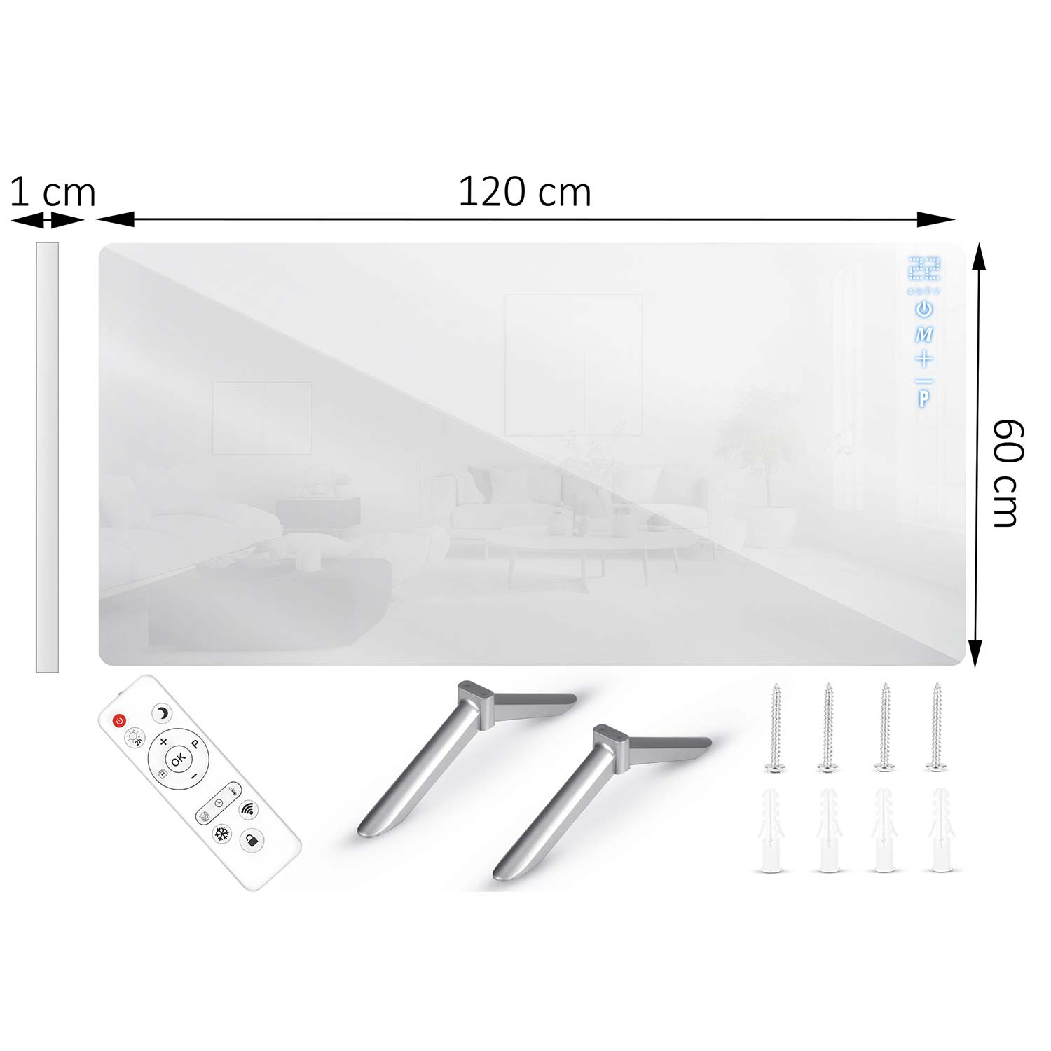 Panel grzewczy 120x60x1 cm z pilotem, stojakami i śrubami.