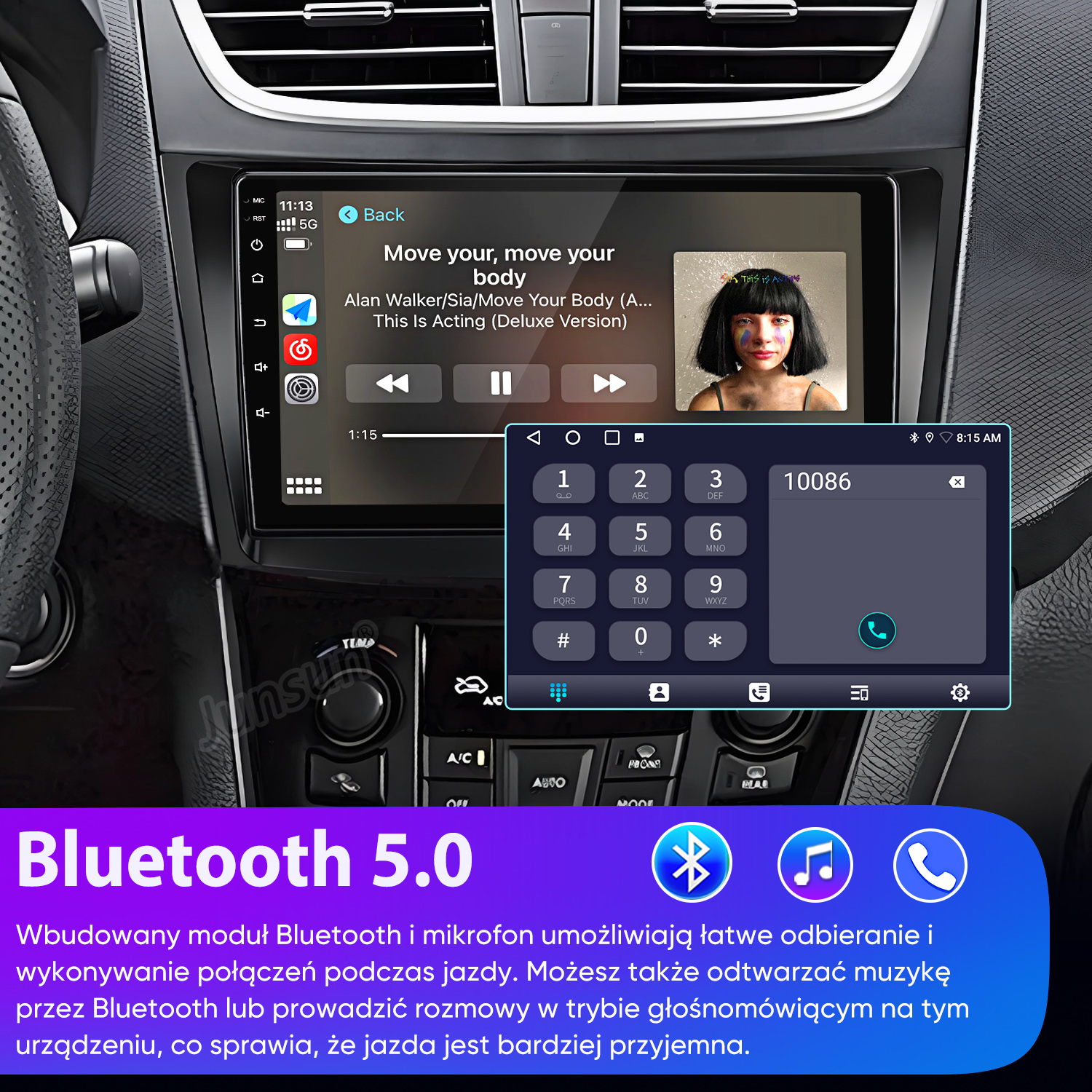 Ekran radia samochodowego pokazuje odtwarzacz muzyki i klawiaturę telefonu, z tekstem o Bluetooth 5.0.