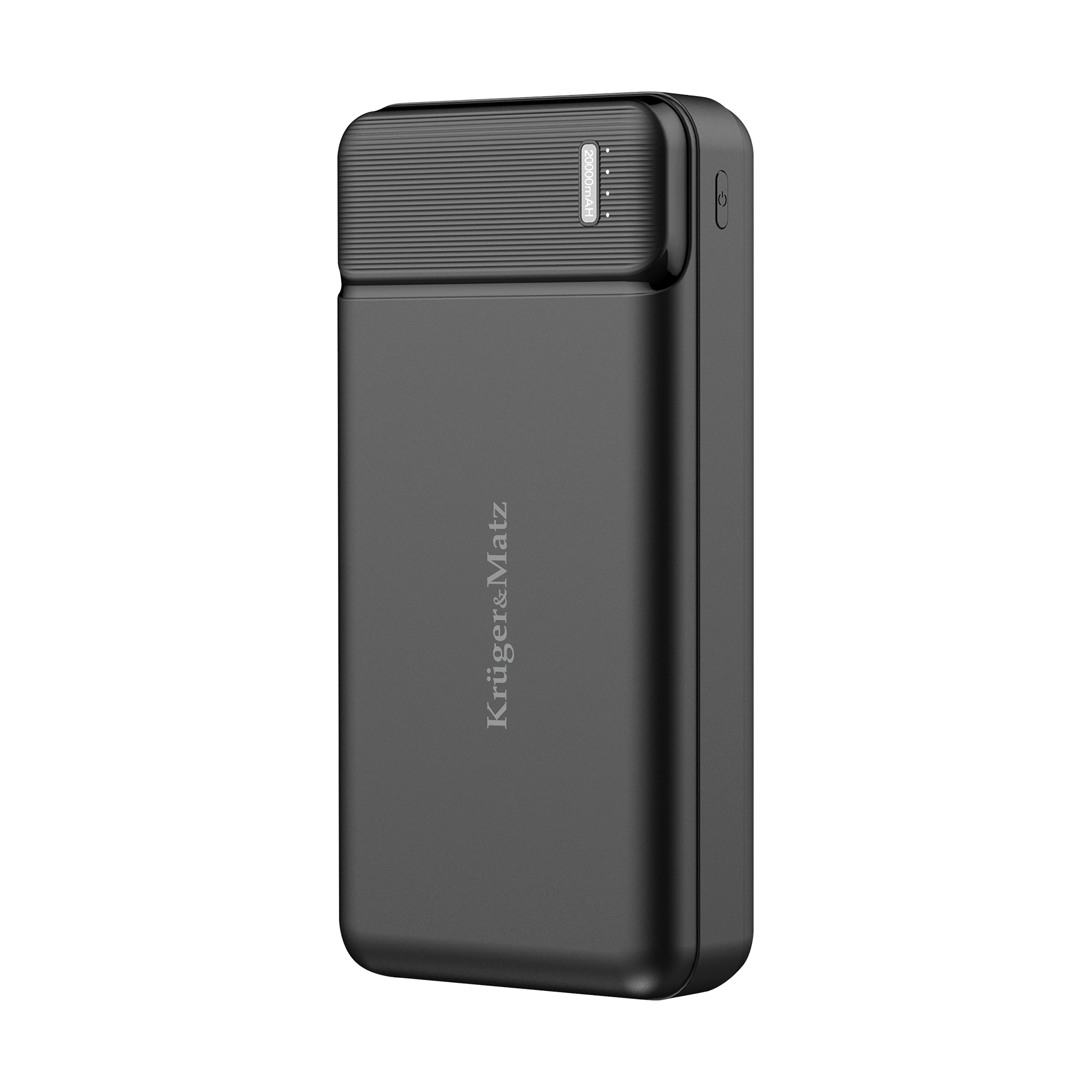 Czarny powerbank Kruger&Matz z prążkowaną górną częścią, wskaźnikiem 20000mAh i przyciskiem zasilania na czarnym tle.