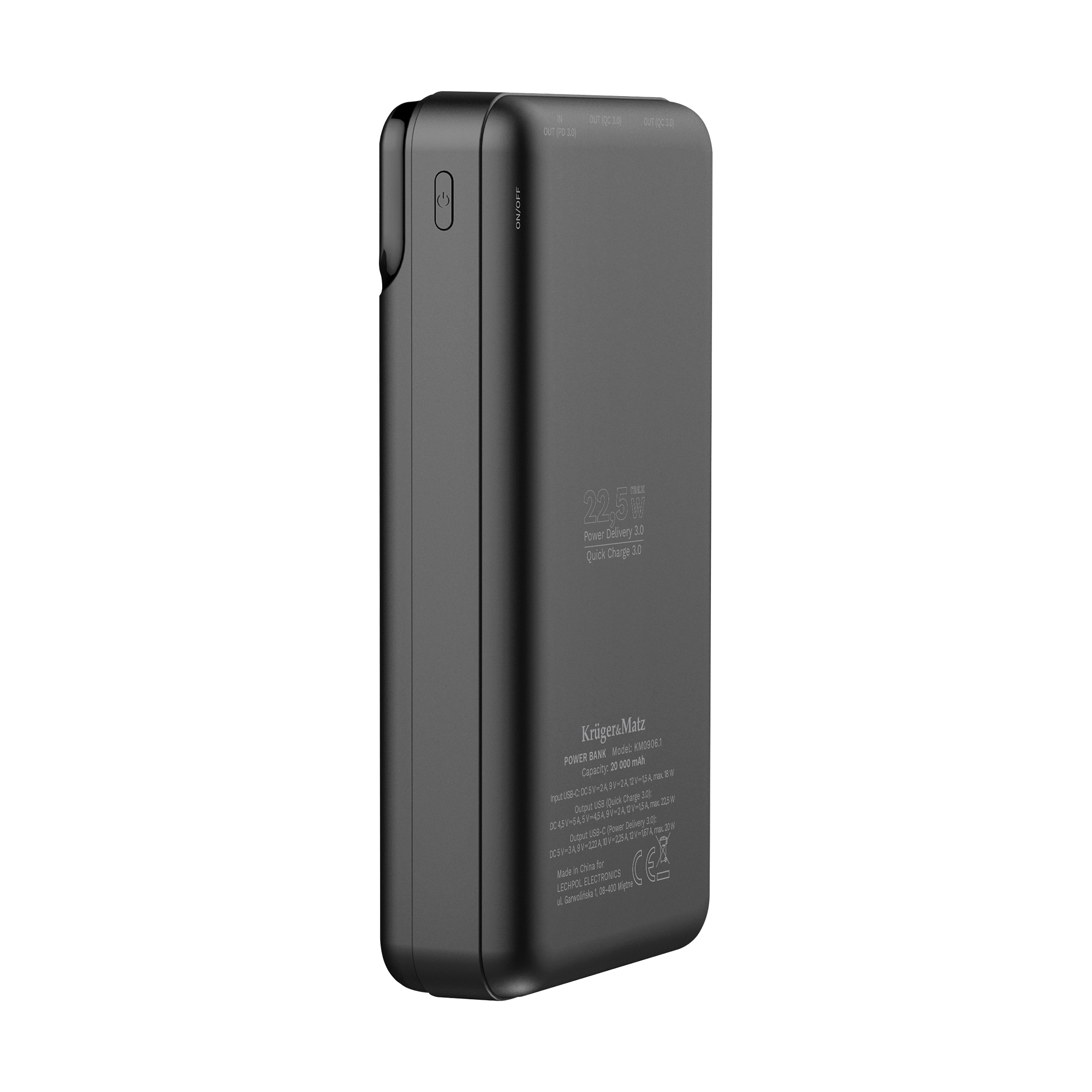 Długi, czarny powerbank z przyciskiem włączania z boku i nadrukowanymi specyfikacjami z przodu.