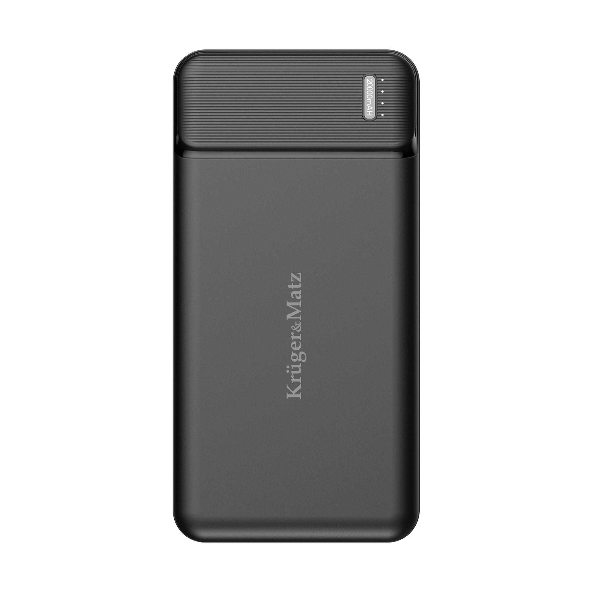 Czarny powerbank Kruger&Matz z prążkowaną górą i logo marki na czarnym tle.