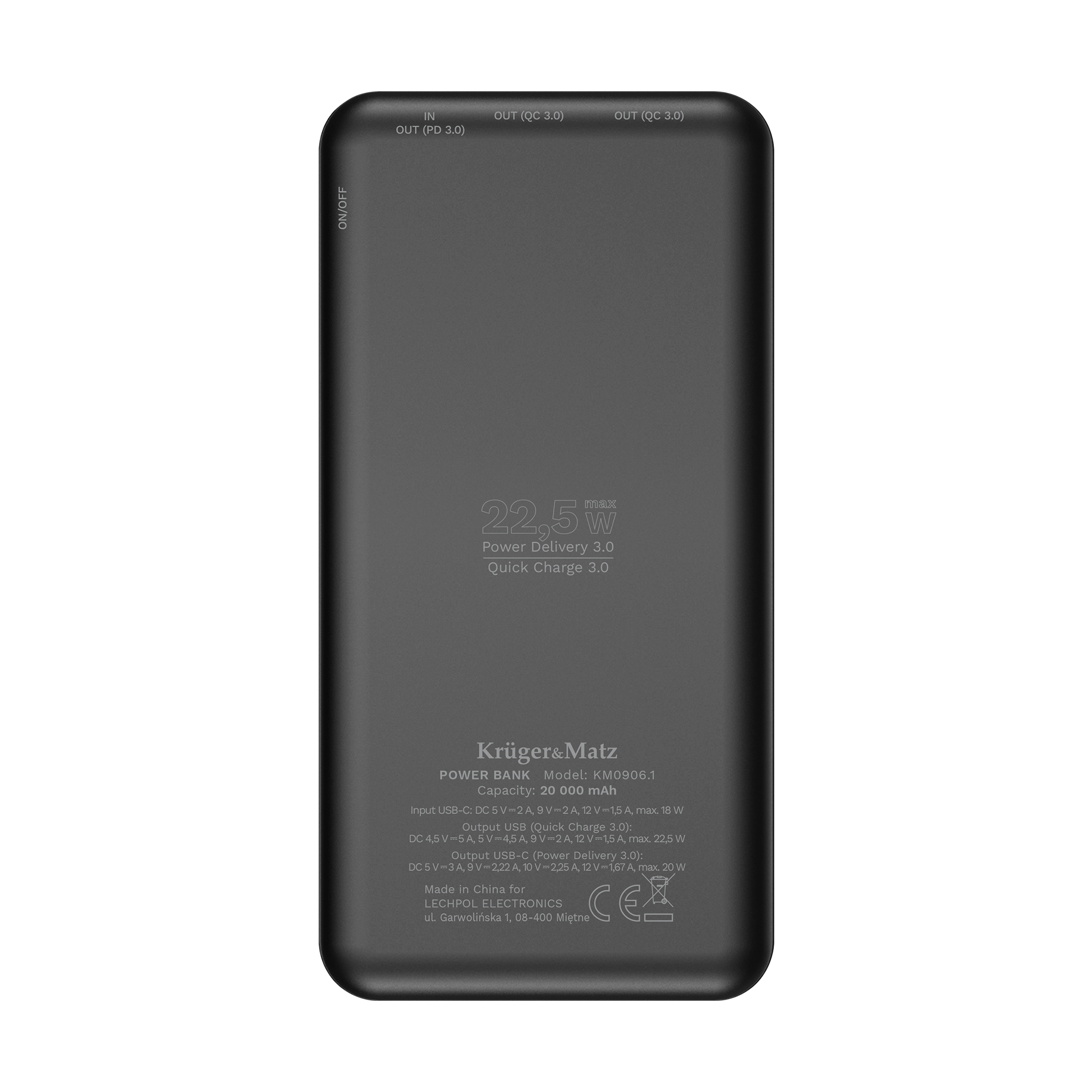 Czarny powerbank Krüger&Matz o pojemności 20 000 mAh z portami i specyfikacją techniczną.