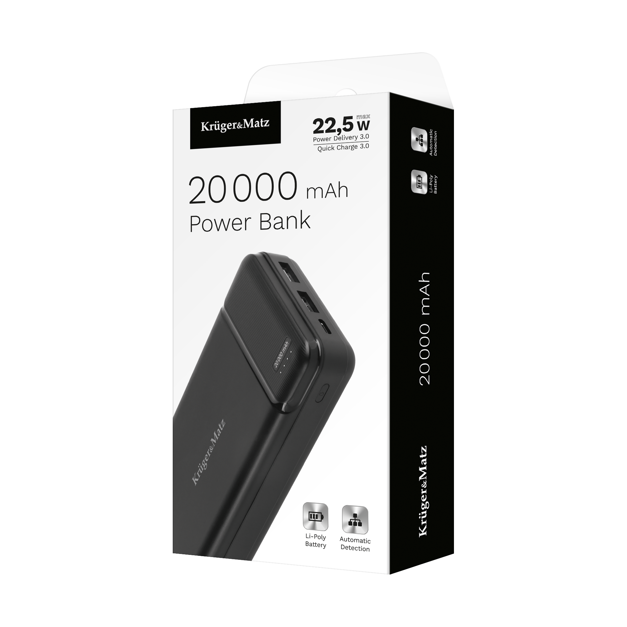 Opakowanie produktu czarnego powerbanku Kruger&Matz 20000 mAh z danymi technicznymi.